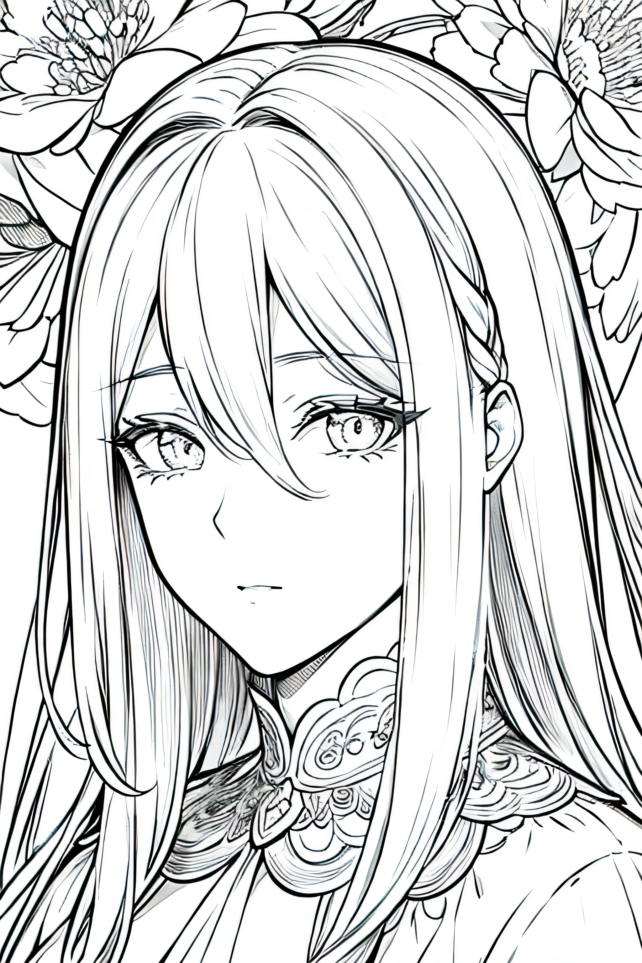 Detail face, ((Perfect details)), Cold light, ((Data in eyes)), ((Data embellishment hair)), Line drawing, Monochrome, white hair, flower line drawing background
