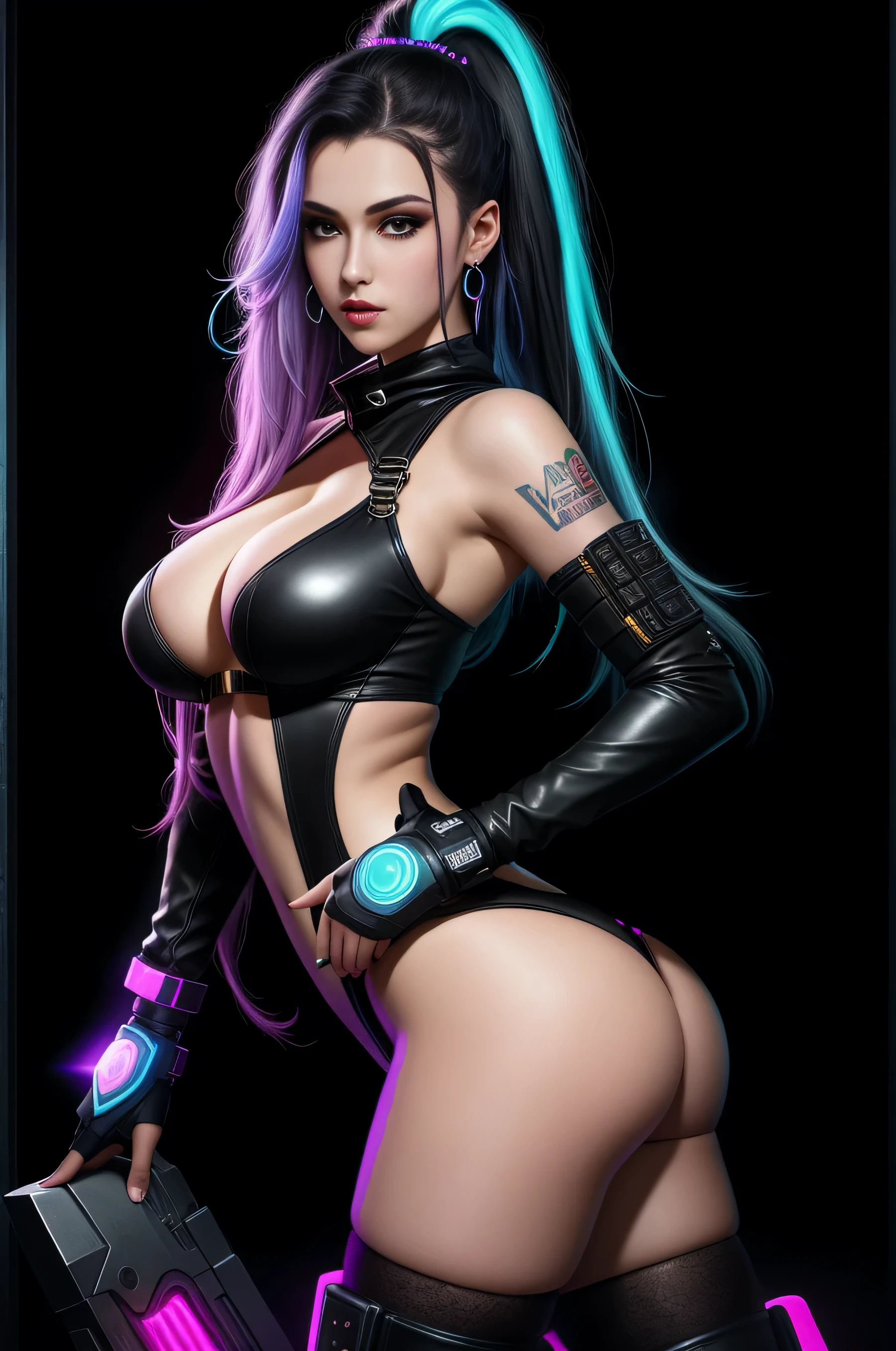 there is Jinx League of Legends standing, long blue platted hair, nice ass, thigh high boots, 3 d neon art of a woman's body, neon-noir background, cyberpunk femme fatale, seductive cyberpunk dark fantasy, cyberpunk strip clubs, cyberpunk 20 y. o model girl, oppai cyberpunk, banner, high definition cgsociety, cgsociety masterpiece, trending on cgstation, kda, random hair, looking at camera, gigantic breasts, cleavage, (high detailed skin:1.2), 8k uhd, dslr, super lighting, high quality, film grain, high res, highly detailed, hyper realistic, beautiful face, beautiful body, beautiful eyes nose lips, alluring expression, very bold, upper visible, full body photo, standing legs apart, pale translucent glowing skin, most beautiful face, cute, (well defined pubic hair:1.2)), (dark plain black background:1.4))