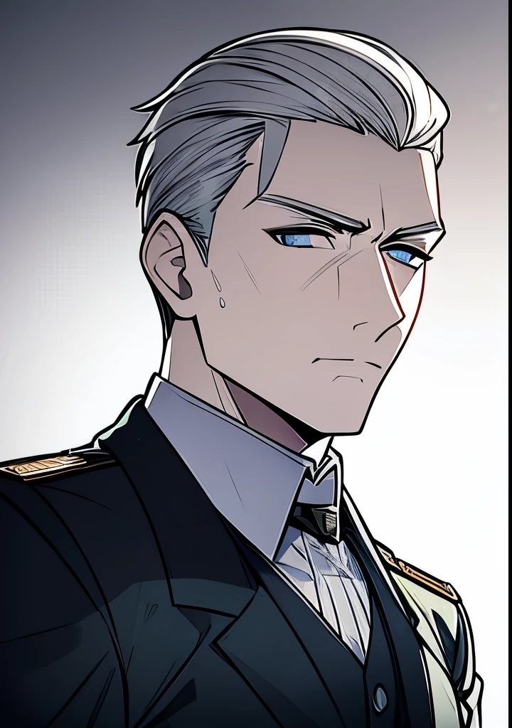 Young Adult male, white and tender skin, pale blonde slicked back combed short hair, kaisermustache, ducktail beard, steel blue eyes, green and slightly mature, serious and emotionless facial expression,wearing world war 2 era german fatigues, portrait style, facing forwards