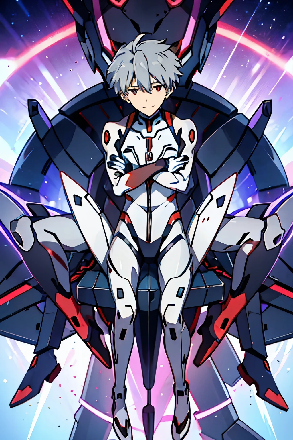 Kaworu Nagisa, plug suit, male focus, 1 boy, red eyes, alone, smile, body suit, gray hair, interface headset, looking at the viewer, Shinji Ikari, pilot suit, crossed arms,