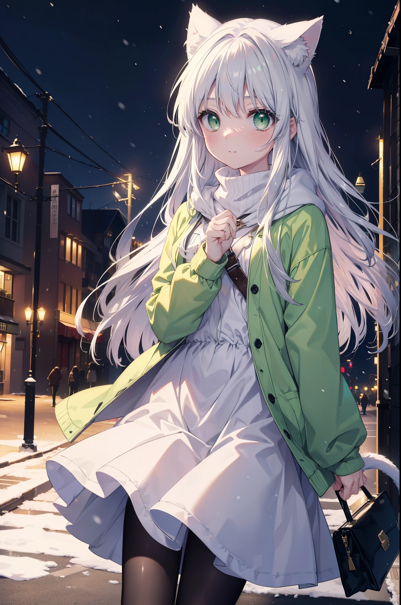 index, index, (green eyes:1.5), silver hair, long hair, (flat chest:1.2),animal ears　Cat ear,Animal tail　cat tail,blush,smile,open your mouth,illumination,A large Christmas tree is placed in the middle of the road.,gray handbag,yellow long coat, white hoodie, black long skirt,black pantyhose,Mini Boots,white christmas,winter,night,cold sky,It&#39;s snowing,snow is falling,
break looking at viewer, Upper body, whole body,
break outdoors, In town,building street,
break (masterpiece:1.2), highest quality, High resolution, unity 8k wallpaper, (figure:0.8), (beautiful deしっぽed eyes:1.6), extremely deしっぽed face, perfect lighting, extremely deしっぽed CG, (perfect hands, perfect anatomy),