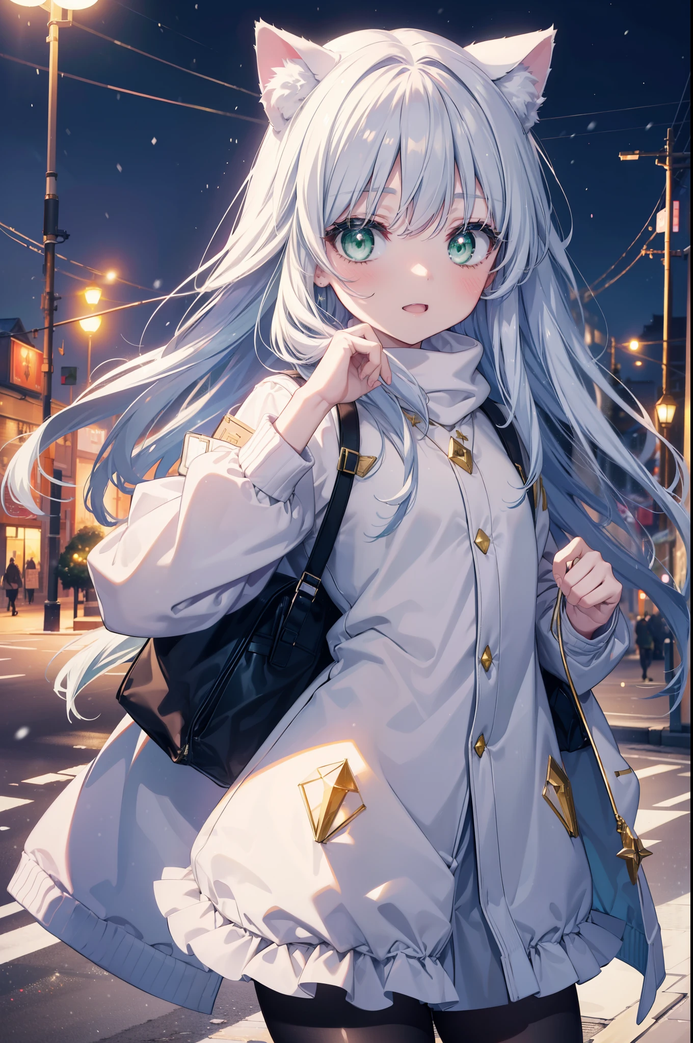 index, index, (green eyes:1.5), silver hair, long hair, (flat chest:1.2),animal ears　Cat ear,Animal tail　cat tail,blush,smile,open your mouth,illumination,A large Christmas tree is placed in the middle of the road.,gray handbag,yellow long coat, white hoodie, black long skirt,black pantyhose,Mini Boots,white christmas,winter,night,cold sky,It&#39;s snowing,snow is falling,
break looking at viewer, Upper body, whole body,
break outdoors, In town,building street,
break (masterpiece:1.2), highest quality, High resolution, unity 8k wallpaper, (figure:0.8), (beautiful deしっぽed eyes:1.6), extremely deしっぽed face, perfect lighting, extremely deしっぽed CG, (perfect hands, perfect anatomy),