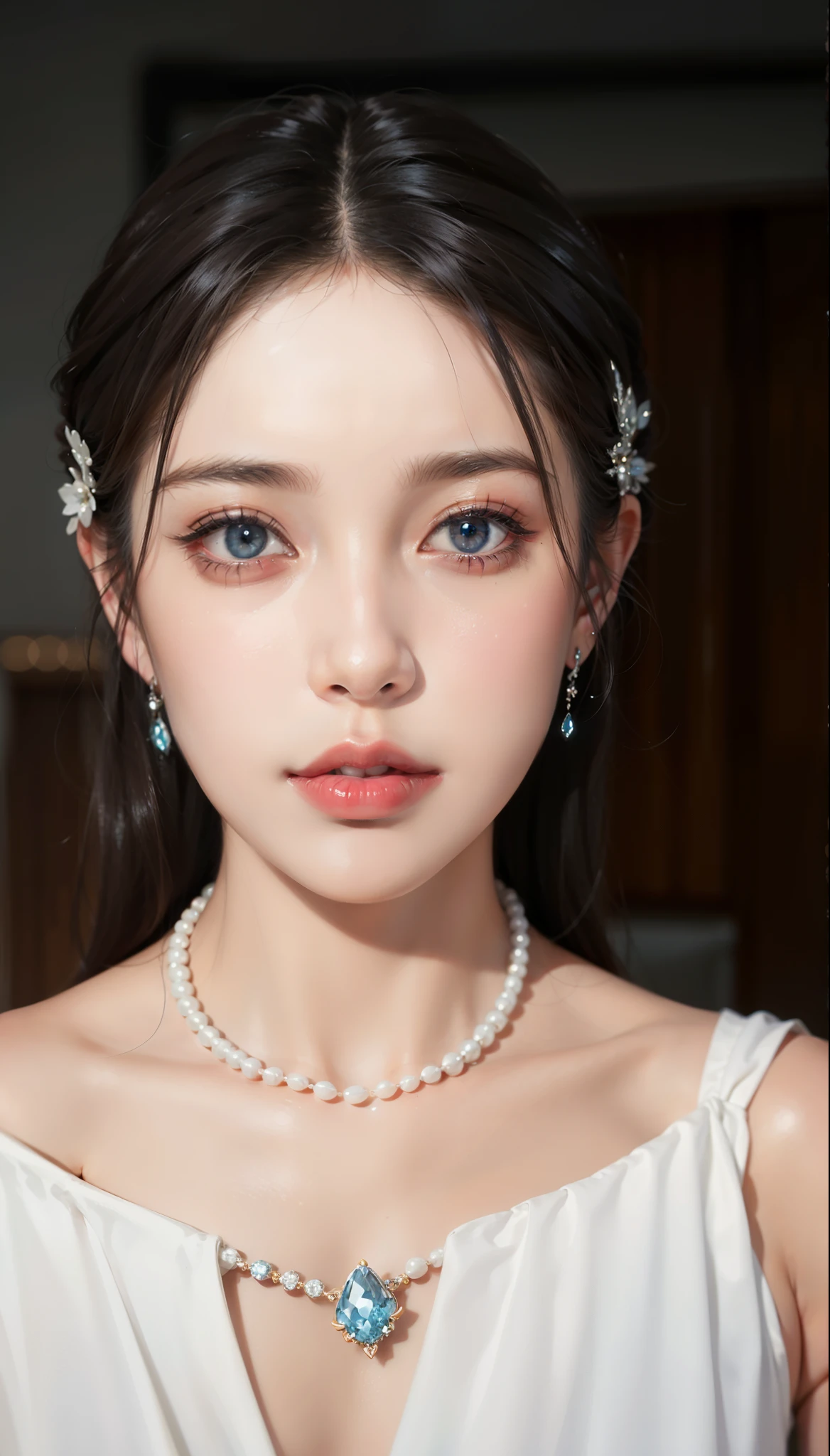 Royal sister,exquisite eyes,Detailed facial expressions body,tall figure,Leg length,4K,HD,translucent lace,Fair and plump figure,pretty face,Little cherry mouth,beautiful and delicious(3D royal sister),exquisite dress,Wear crystal jewelry,Gorgeous Sapphire Crystal Diamond Pearl Gown,Goddess of mythology,luxury,Photo quality,High quality facial details,High-end aesthetics,luxury,gothic style,blue pupils,Lipstick on mouth