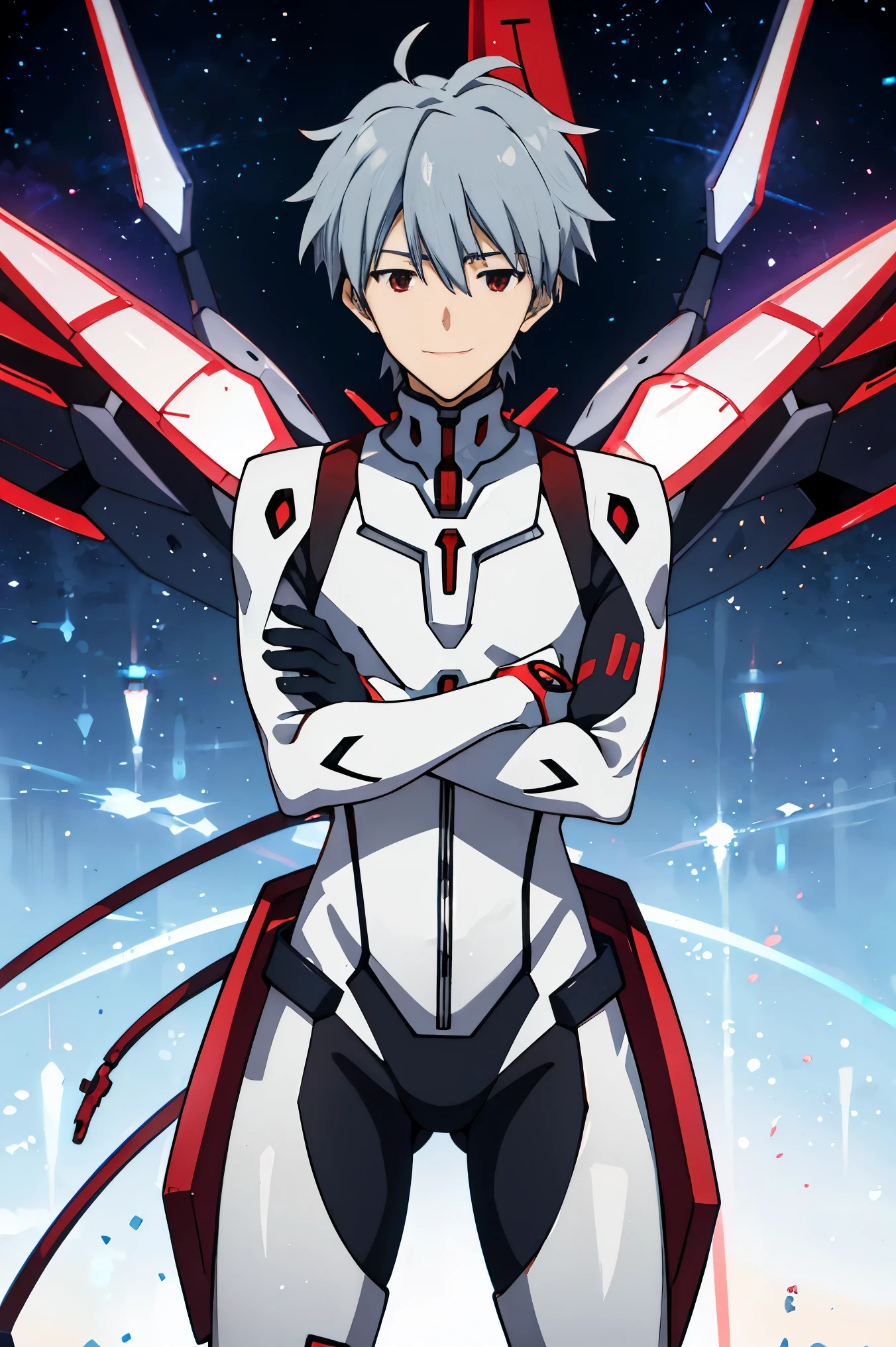 Kaworu Nagisa, plug suit, male focus, 1 boy, red eyes, alone, smile, body suit, gray hair, interface headset, looking at the viewer, Shinji Ikari, pilot suit, crossed arms,