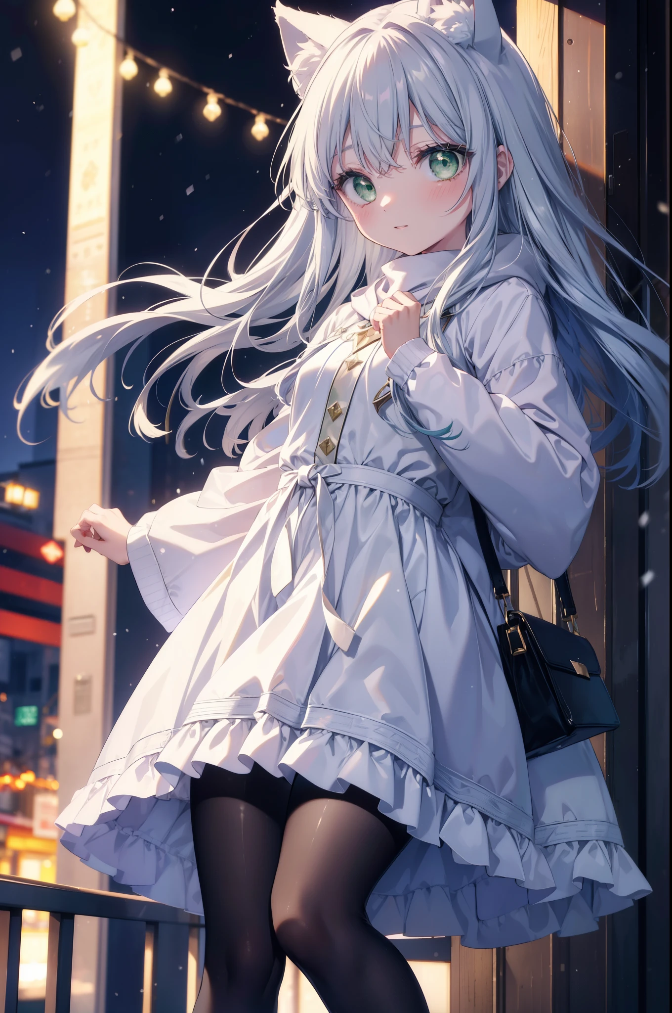 index, index, (green eyes:1.5), silver hair, long hair, (flat chest:1.2),animal ears　Cat ear,Animal tail　cat tail,blush,smile,open your mouth,illumination,A large Christmas tree is placed in the middle of the road.,gray handbag,yellow long coat, white hoodie, black long skirt,black pantyhose,Mini Boots,white christmas,winter,night,cold sky,It&#39;s snowing,snow is falling,
break looking at viewer, Upper body, whole body,
break outdoors, In town,building street,
break (masterpiece:1.2), highest quality, High resolution, unity 8k wallpaper, (figure:0.8), (beautiful deしっぽed eyes:1.6), extremely deしっぽed face, perfect lighting, extremely deしっぽed CG, (perfect hands, perfect anatomy),