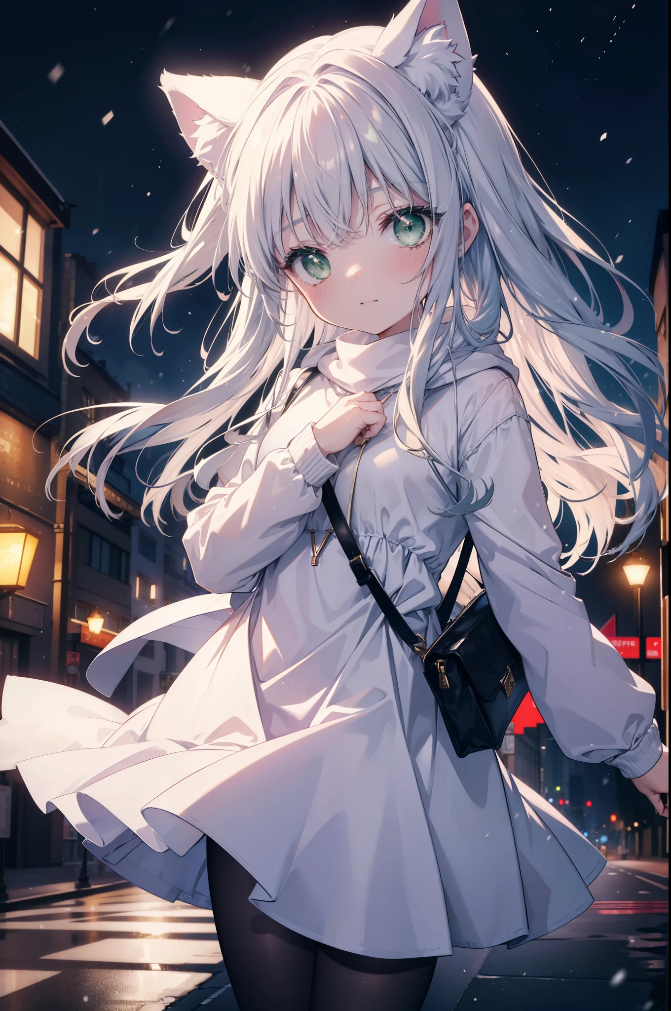 index, index, (green eyes:1.5), silver hair, long hair, (flat chest:1.2),animal ears　Cat ear,Animal tail　cat tail,blush,smile,open your mouth,illumination,A large Christmas tree is placed in the middle of the road.,gray handbag,yellow long coat, white hoodie, black long skirt,black pantyhose,Mini Boots,white christmas,winter,night,cold sky,It&#39;s snowing,snow is falling,
break looking at viewer, Upper body, whole body,
break outdoors, In town,building street,
break (masterpiece:1.2), highest quality, High resolution, unity 8k wallpaper, (figure:0.8), (beautiful deしっぽed eyes:1.6), extremely deしっぽed face, perfect lighting, extremely deしっぽed CG, (perfect hands, perfect anatomy),