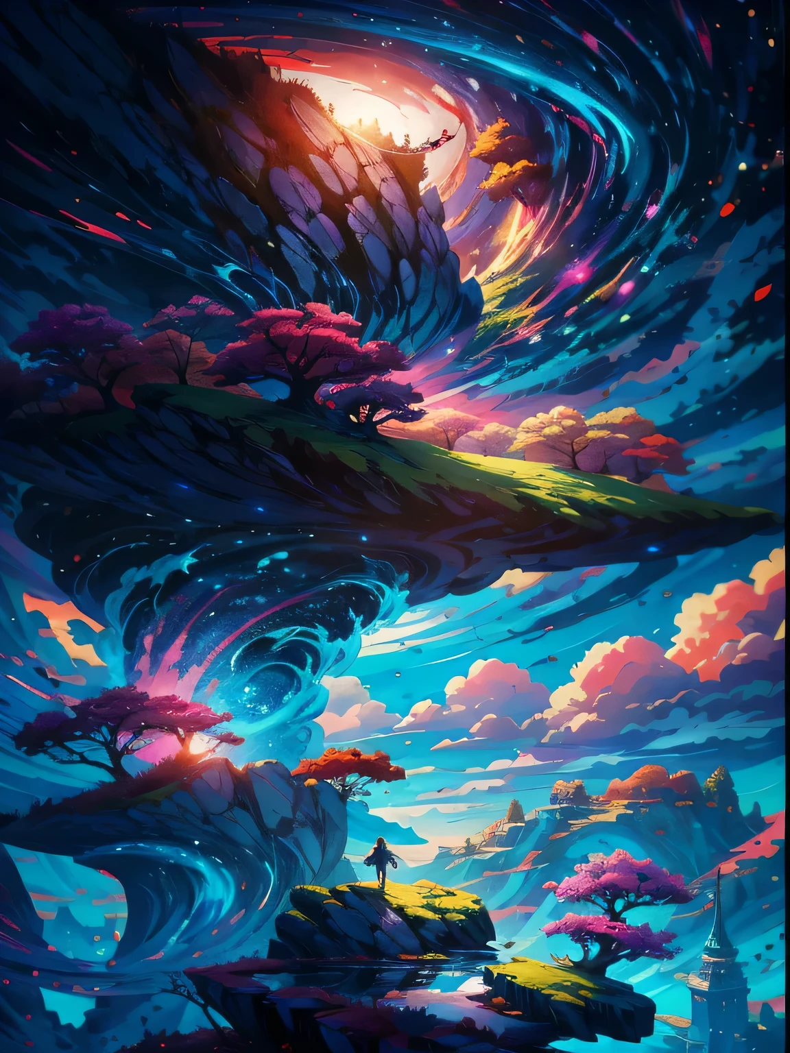 A painting of a man standing on a cliff，A tree in the background, Inspired by Cyril Rolando, swirling nature magic, fractal thunder dan mumford, Beautiful art ultra hd 4k, Detailed dreams, Mumford and Peter More, magical scenery, Rotate scene, cyril rolando style, Cyril Rolando and Goro Fujita
