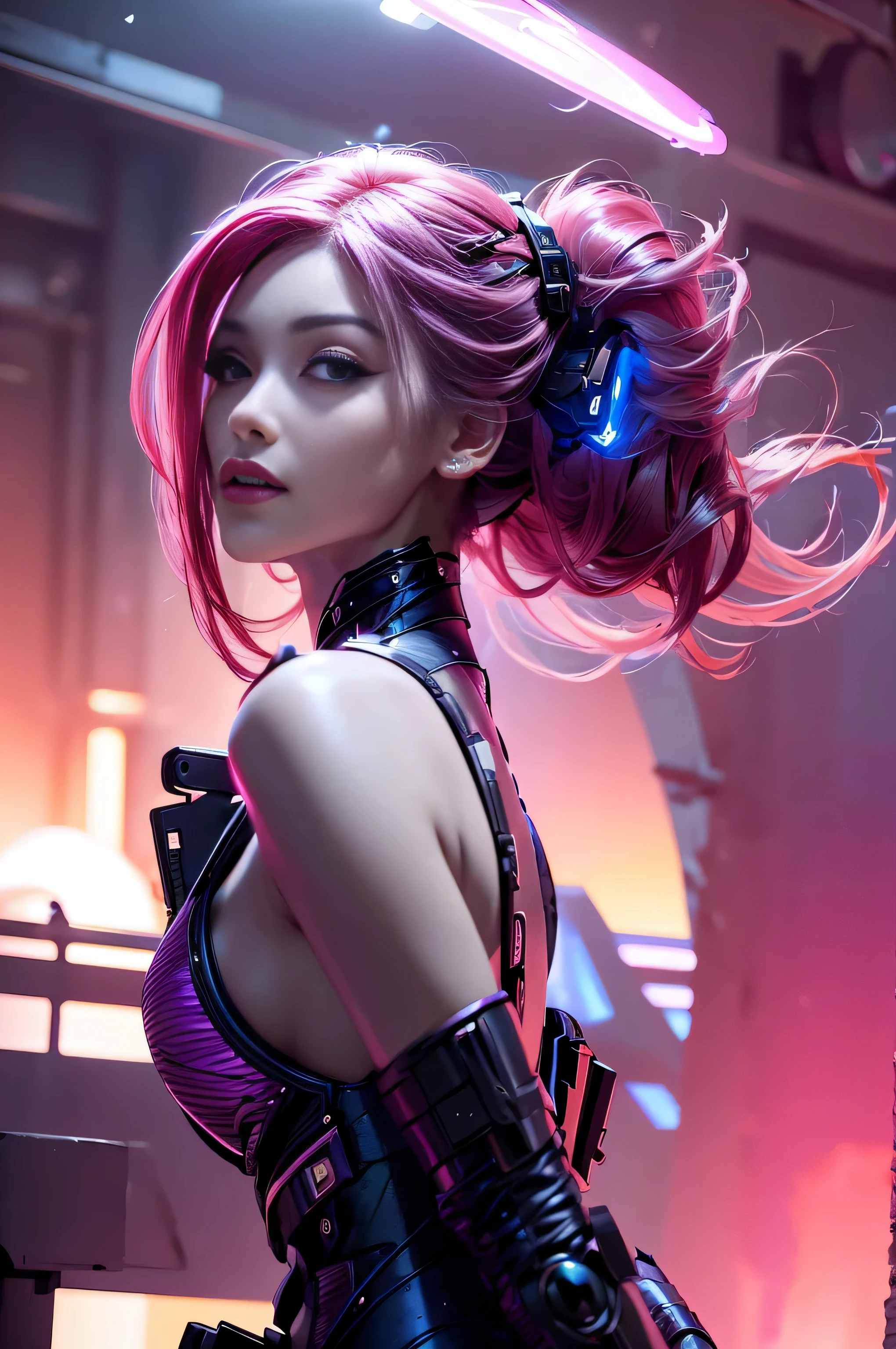 A portrait of beautifully stunning woman, fair skin, pink hair, surrounded by a swirling nanodusty plasma in electric blue and vibrant purple, vibrant colors, digital painting, trending in Artstation, cinematic lighting, and dynamic composition.