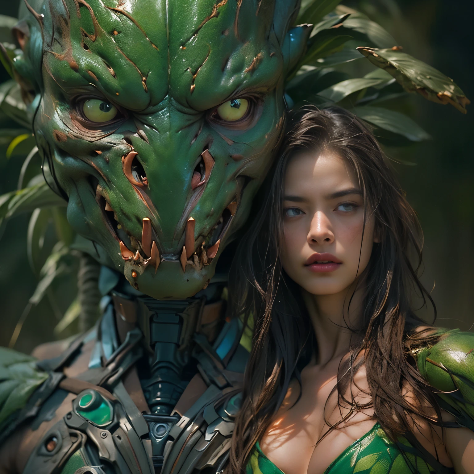 1 female alien, The Predator, (very beautiful:1.2), (intense gaze:1.4), (Predator:1.1), long dark nails, (NSFW:1), nipple, thick eyebrows, (she has sparkling emerald green eyes:1.2), the most beautiful face in the universe, redhead, Beautiful symmetrical eyes, highly detailed eyes,

A woman Predator with an very beautiful face, her intense gaze fixed on her prey, fundamental power that cannot be denied.

(Lean, beautiful body:1.5), (muscular physique:1.2), (prowl:1.3), (smooth movement:1.4)

her beautiful body, muscular and toned, She moved smoothly and gracefully as she wandered., Ready to attack immediately. The Predator within her was always on,                                                                          
                                                                                                                                                               
 drawing cinematic characters, Super high quality model, cinematic quality, Detail up, (intricate details:1.2), High resolution, High resolution, draw faithfully, official art, Unity 8K Wall , 8K portrait, highest quality, Very High resolution, Super detailed artistic photography,