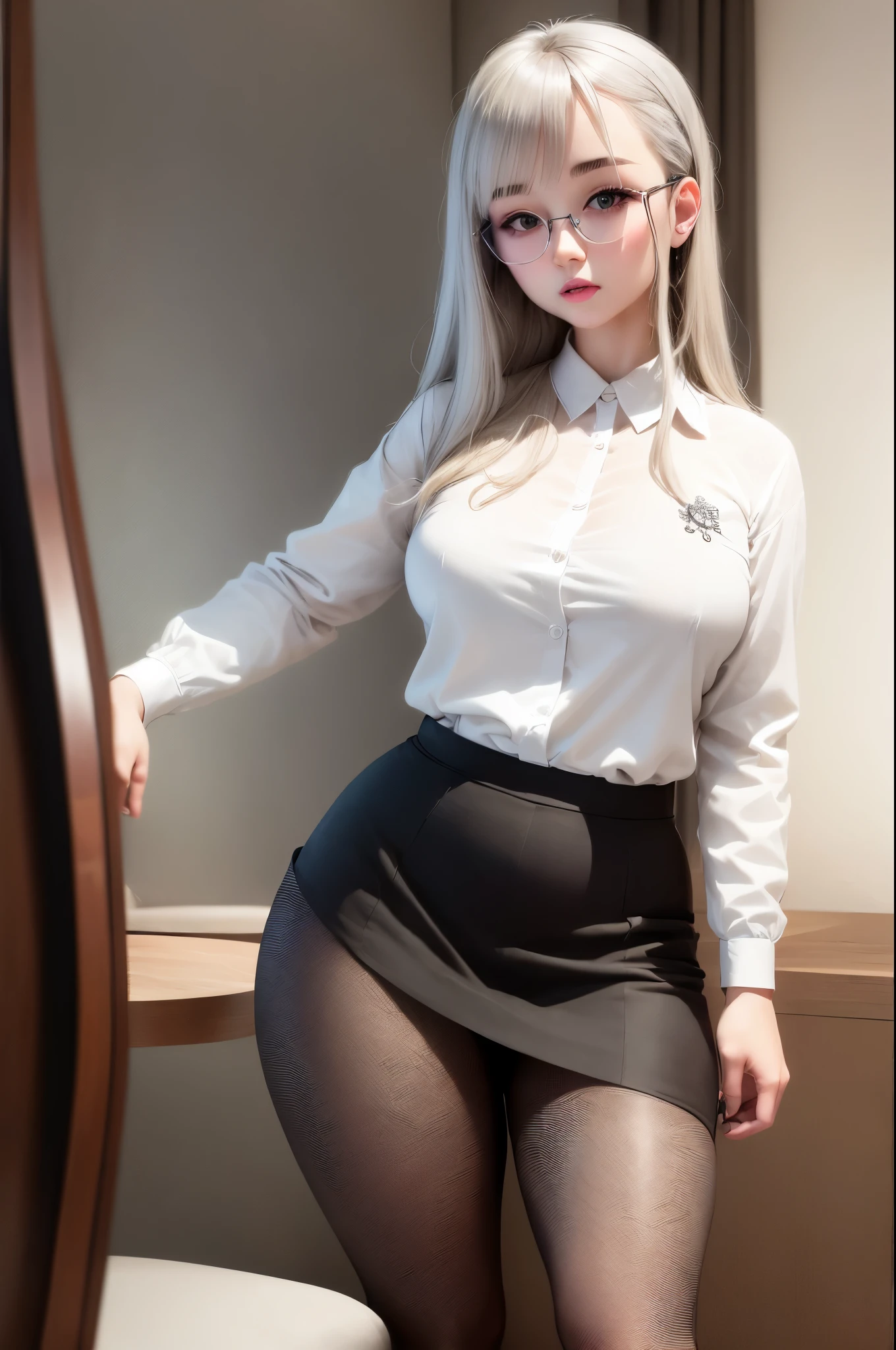 1 girl! Ray tracing, best shade, High resolution (dim lights) Detailed background (Living room) fluffy silver hair, plump and slim girl, wearing white shirt, Black pleated skirt, Paired with black transparent pantyhose, Show off your exquisite figure and graceful curves, Super detailed CG