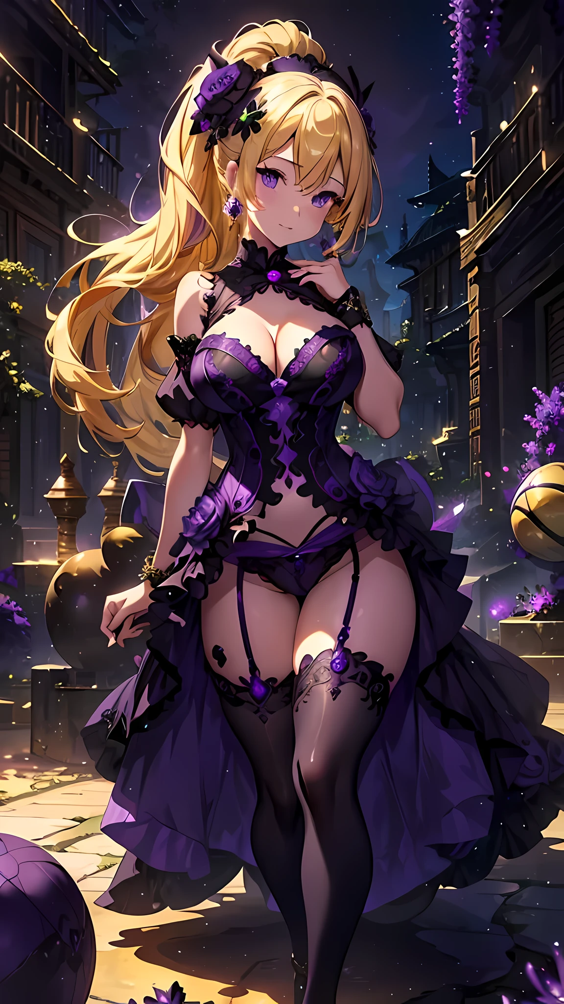 (masterpiece), best quality, expressive eyes, perfect face,((1girl)),(blonde hair),middle hair,side ponytail,(hair flower),green eyes,big breasts,cleavage,(purple and black ornate ballgown:1.5),bangles,bracelet,earrings,curvy,garter belt,black stockings,thighboots,standing,head tilt,light smile,medaow,(night:1.1),(starry sky:1.1),cloud,colorfu,starry,stars,looking at viewer,from below,(breast focus)