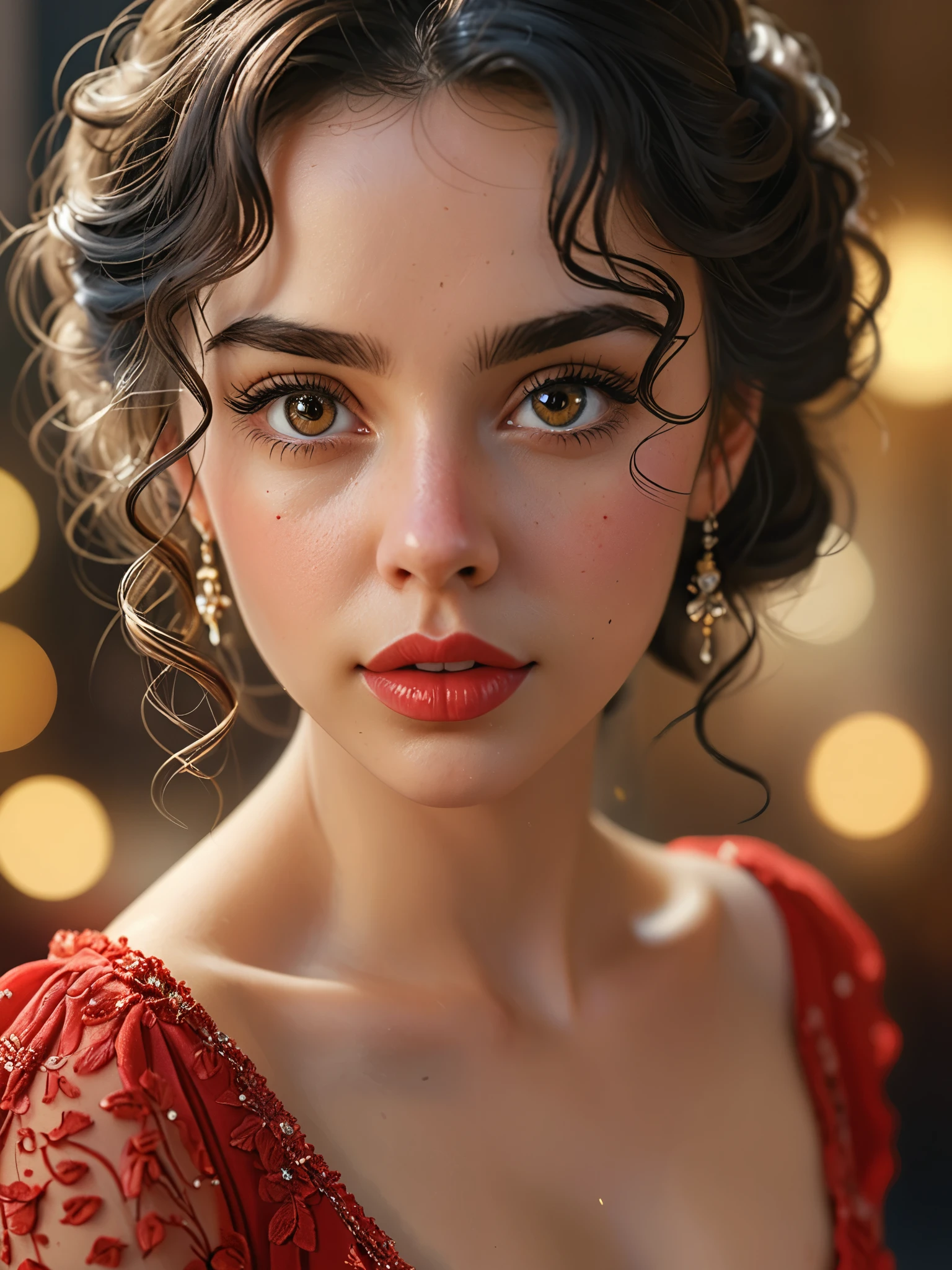 first-person view, (best quality, 4k, 8k, highres, masterpiece:1.2), ultra-detailed, realistic:1.37, beautiful detailed eyes, beautiful detailed lips, extremely detailed eyes and face, longeyelashes, portraits, illustration, elegant red dress, curly black hair, pointed nose, bright hazel eyes, soft portrait lighting, subtle bokeh, VSCO Filter: C8