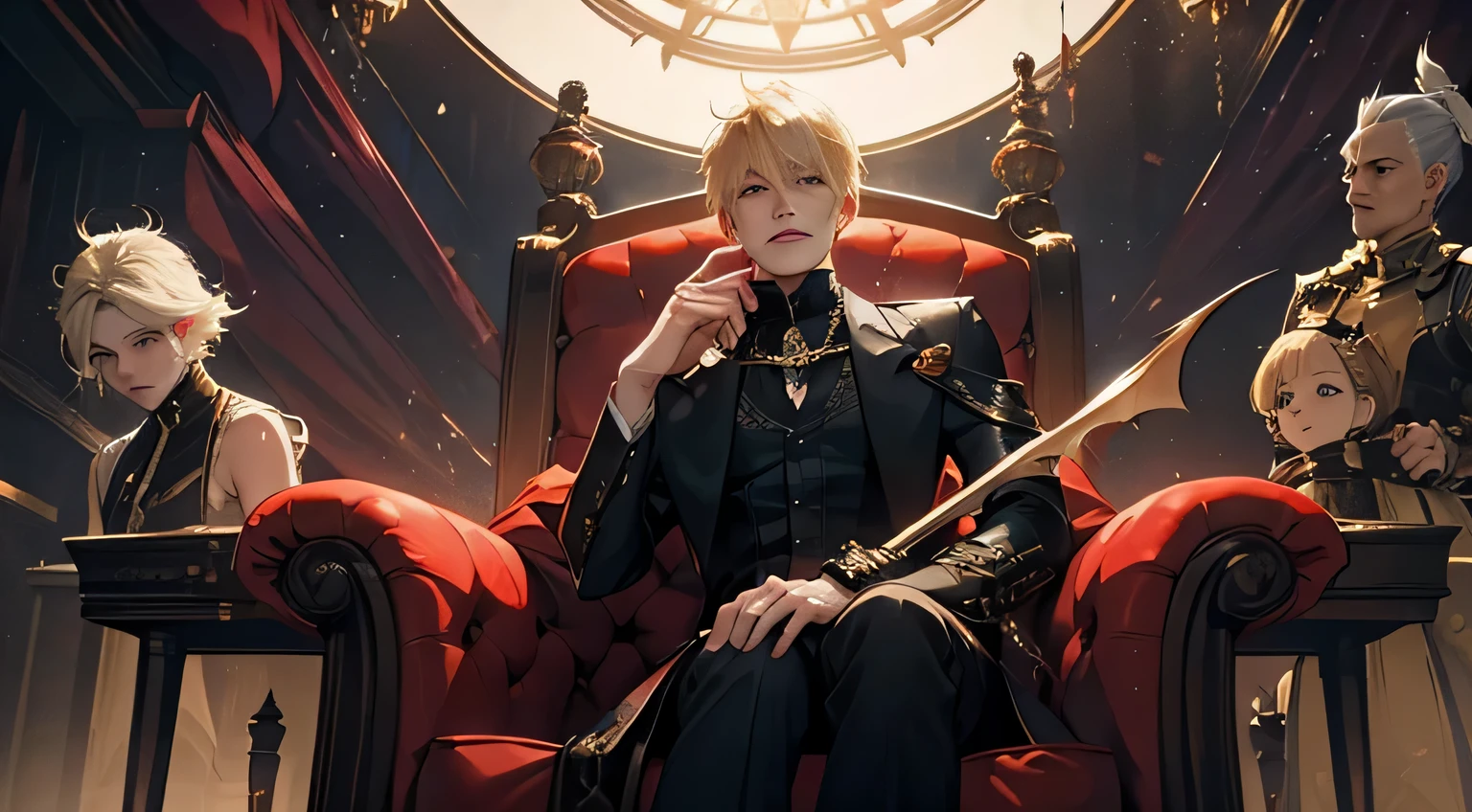 1man (vampire king) blond back slit short hair, with a bat, smirk on his throne, vampire king, dynamic movement, handsome, ancient palace, Final Fantasy VII, Fantastic and dramatic scene, realistic light rendering, The demon king, punishing raven, arknights, shadowverse, fate grand order, genshin, ( ( god king of ai art ) ), best quality, 4K, detailed ornaments