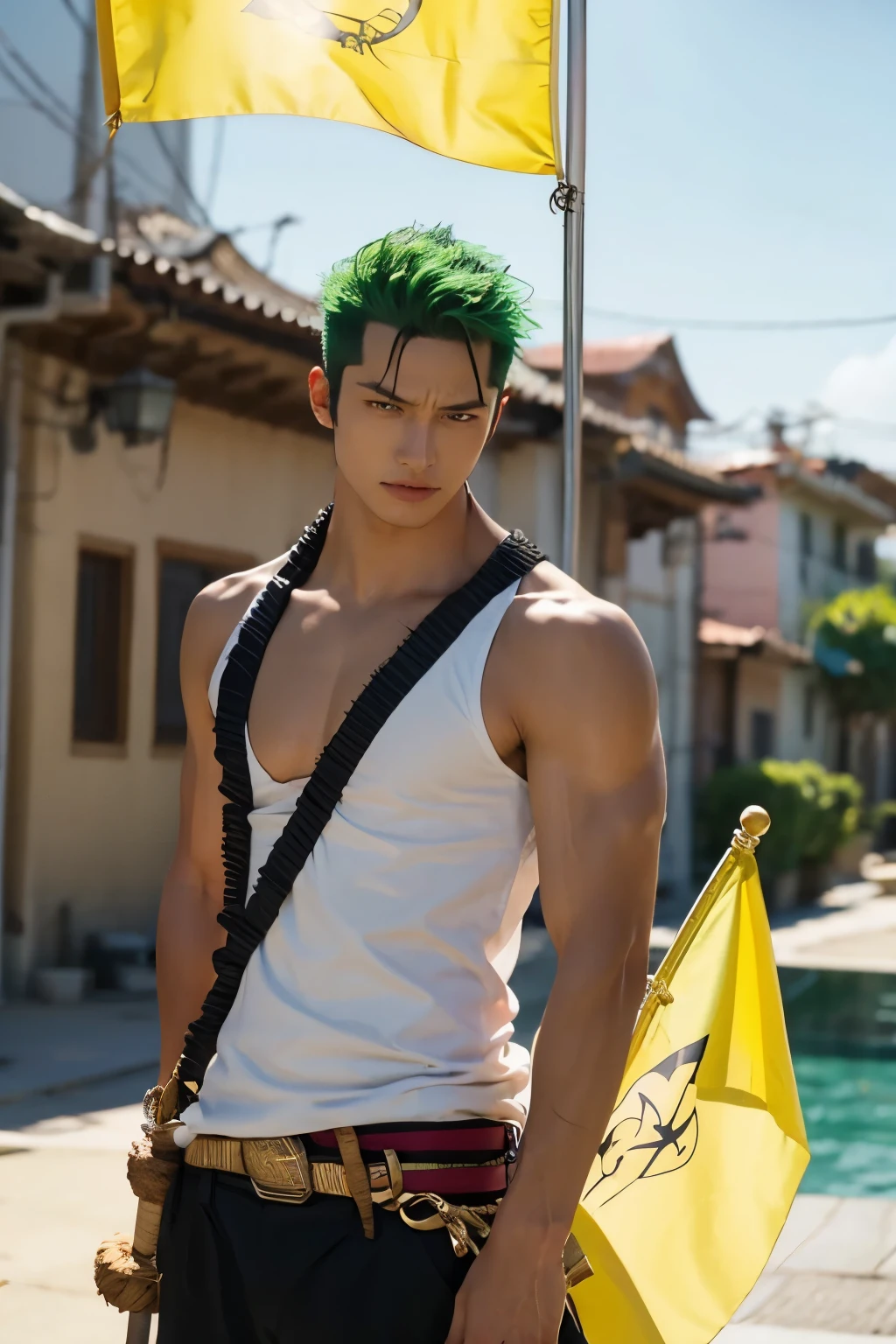 zoro holding a yellow flag vinoo