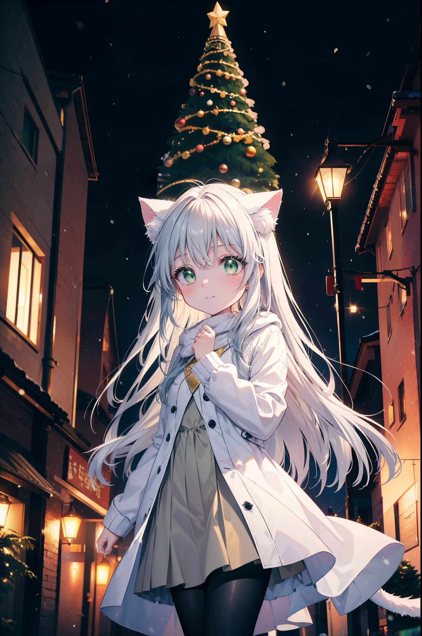 index, index, (green eyes:1.5), silver hair, long hair, (flat chest:1.2),animal ears　Cat ear,Animal tail　cat tail,blush,smile,open your mouth,illumination,A large Christmas tree is placed in the middle of the road.,gray handbag,yellow long coat, white hoodie, black long skirt,black pantyhose,Mini Boots,white christmas,winter,night,cold sky,It&#39;s snowing,snow is falling,
break looking at viewer, Upper body, whole body,
break outdoors, In town,building street,
break (masterpiece:1.2), highest quality, High resolution, unity 8k wallpaper, (figure:0.8), (beautiful deしっぽed eyes:1.6), extremely deしっぽed face, perfect lighting, extremely deしっぽed CG, (perfect hands, perfect anatomy),