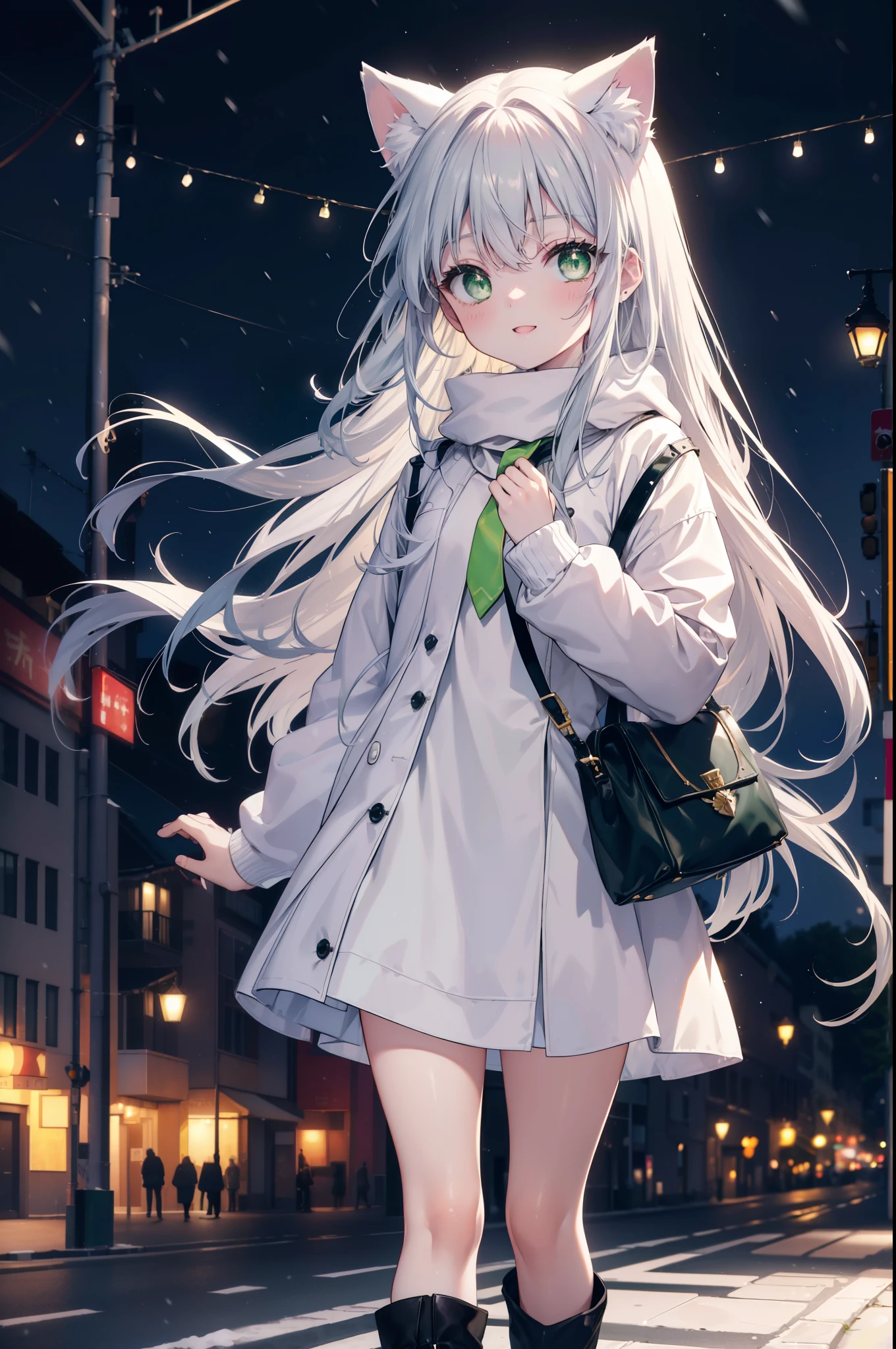 index, index, (green eyes:1.5), silver hair, long hair, (flat chest:1.2),animal ears　Cat ear,Animal tail　cat tail,blush,smile,open your mouth,illumination,A large Christmas tree is placed in the middle of the road.,gray handbag,yellow long coat, white hoodie, black long skirt,black pantyhose,Mini Boots,white christmas,winter,night,cold sky,It&#39;s snowing,snow is falling,
break looking at viewer, Upper body, whole body,
break outdoors, In town,building street,
break (masterpiece:1.2), highest quality, High resolution, unity 8k wallpaper, (figure:0.8), (beautiful deしっぽed eyes:1.6), extremely deしっぽed face, perfect lighting, extremely deしっぽed CG, (perfect hands, perfect anatomy),