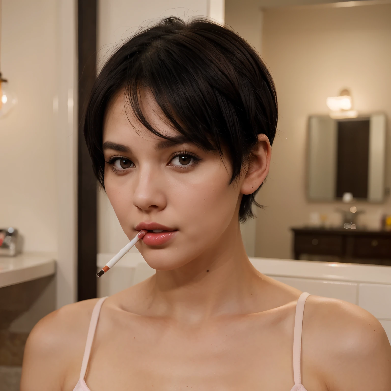 a white woman with short black hair, brown eyes, a beautiful face with slightly pink cheeks and a sweet look, with red lips, smoking a cigarette