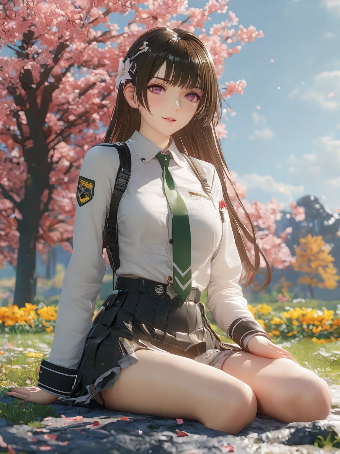 diy2,Highest quality, ultra-high definition, masterpieces, 8k, realistic, anime styled, 3d render,anime girl sitting on the ground in a field with a green tie, anime visual of a cute girl, marin kitagawa fanart, fine details. girls frontline, smooth anime cg art, from girls frontline, beautiful anime high school girl, girls frontline style, girl wearing uniform, girls frontline cg, painted in anime painter studio, makoto shinka, official art