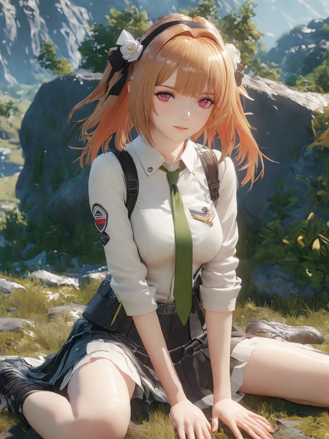 diy2，Highest quality, ultra-high definition, masterpieces, 8k, realistic, anime styled, 3d render，anime girl sitting on the ground in a field with a green tie, anime visual of a cute girl, marin kitagawa fanart, fine details. girls frontline, smooth anime cg art, from girls frontline, beautiful anime high school girl, girls frontline style, girl wearing uniform, girls frontline cg, painted in anime painter studio, makoto shinka, official art
