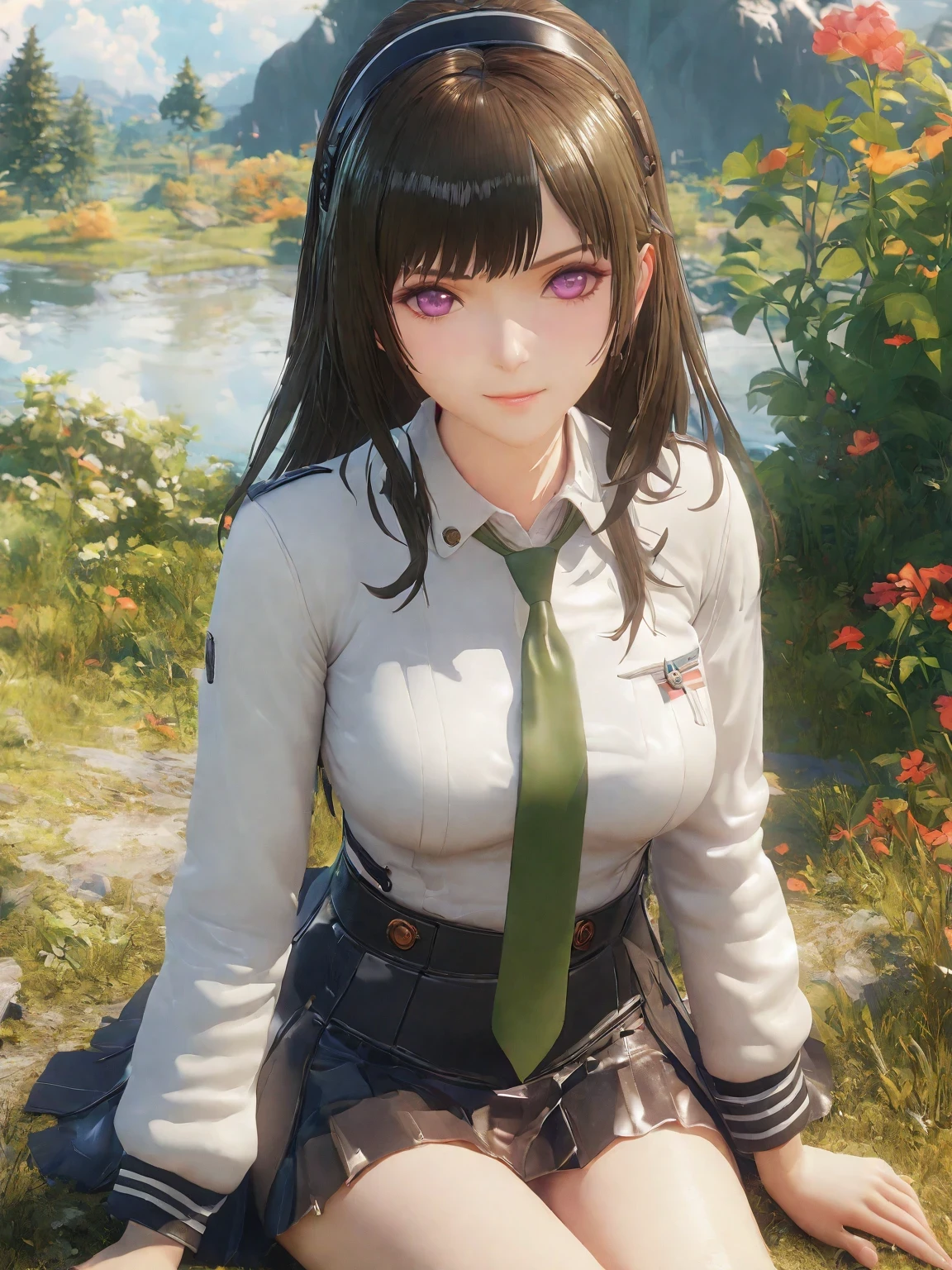 diy2，Highest quality, ultra-high definition, masterpieces, 8k, realistic, anime styled, 3d render，anime girl sitting on the ground in a field with a green tie, anime visual of a cute girl, marin kitagawa fanart, fine details. girls frontline, smooth anime cg art, from girls frontline, beautiful anime high school girl, girls frontline style, girl wearing uniform, girls frontline cg, painted in anime painter studio, makoto shinka, official art
