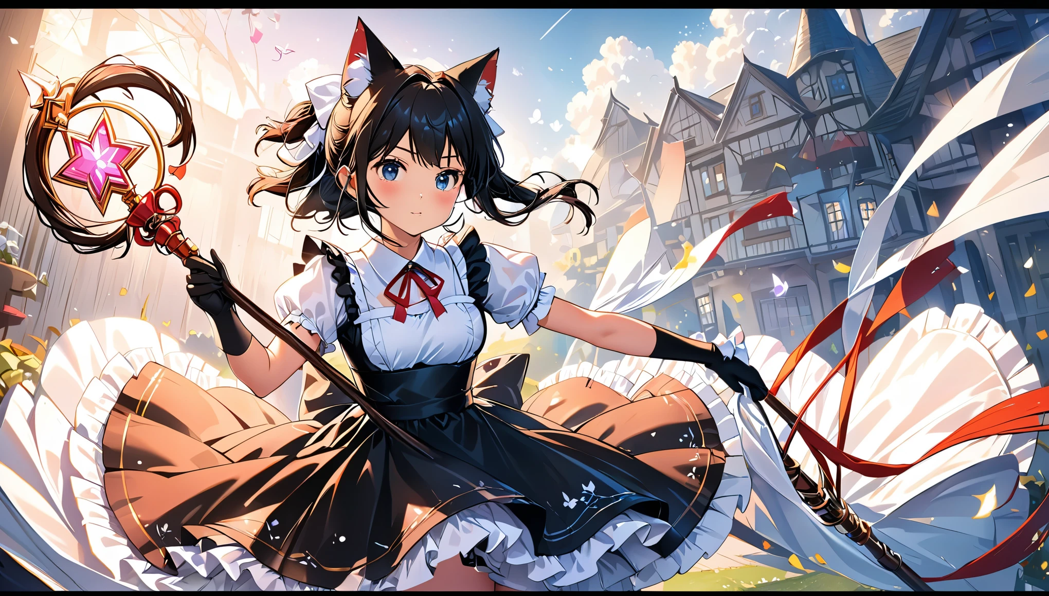 aw image quality,8k,Cat-eared maid,maid outfit,short black hair,black gloves,1girl,Holding a magical girl staff,kv