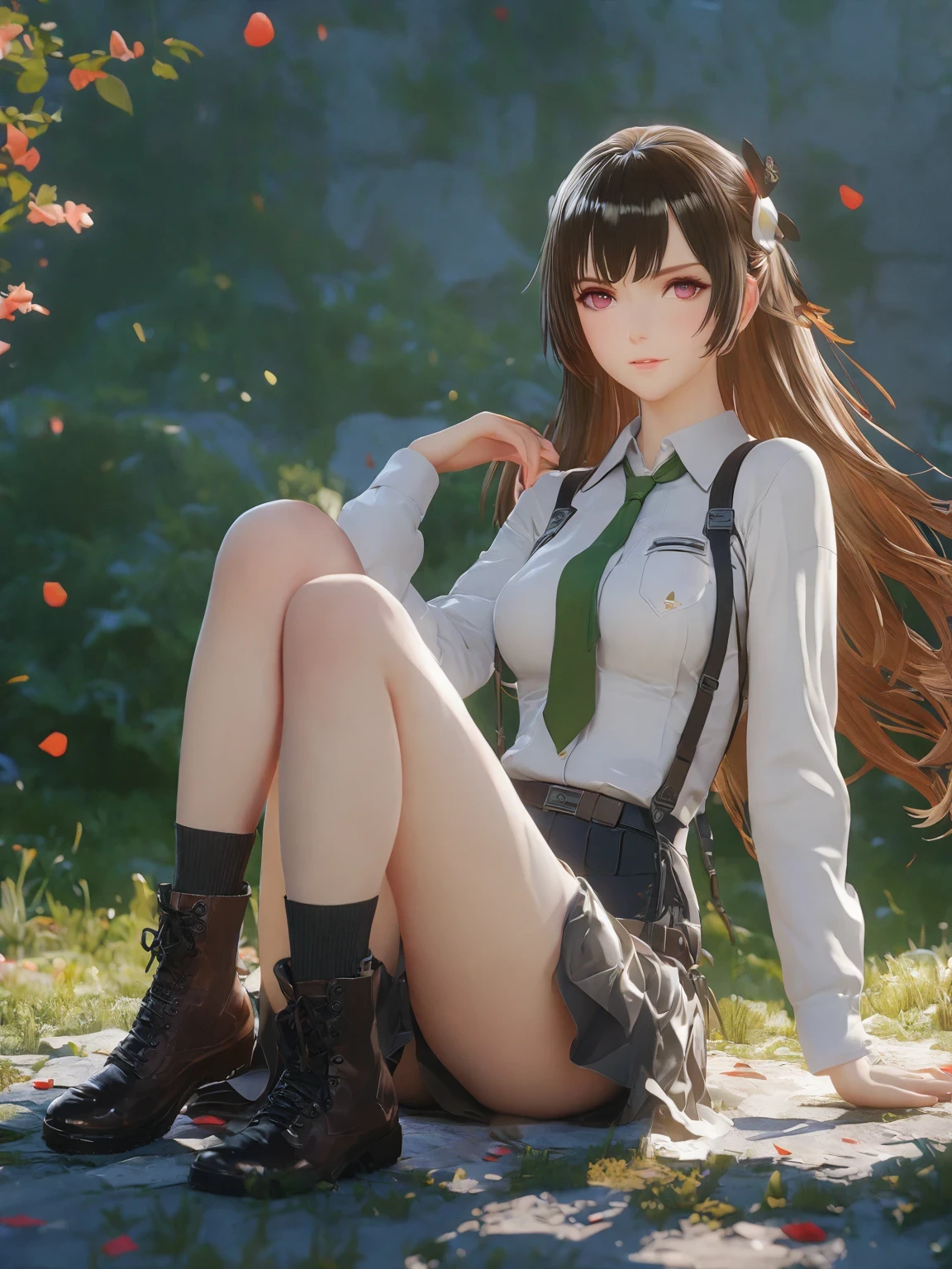 diy2，Highest quality, ultra-high definition, masterpieces, 8k, realistic, anime styled, 3d render，anime girl sitting on the ground in a field with a green tie, anime visual of a cute girl, marin kitagawa fanart, fine details. girls frontline, smooth anime cg art, from girls frontline, beautiful anime high school girl, girls frontline style, girl wearing uniform, girls frontline cg, painted in anime painter studio, makoto shinka, official art
