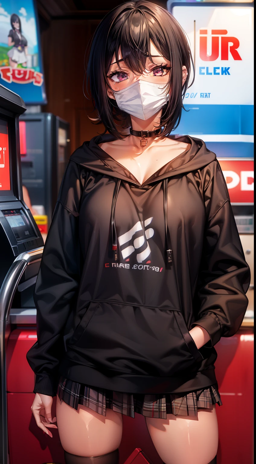 At the amusement arcade, game console, game machine,
girl, short bob black hair, early teen, black Hoodie with pockets, plaid miniskirt, purple collar, black face mask, piercing,
small breasts, slender, standing , naughty,
zettai ryouiki, absurd resolution, absurd detailed, best quality,