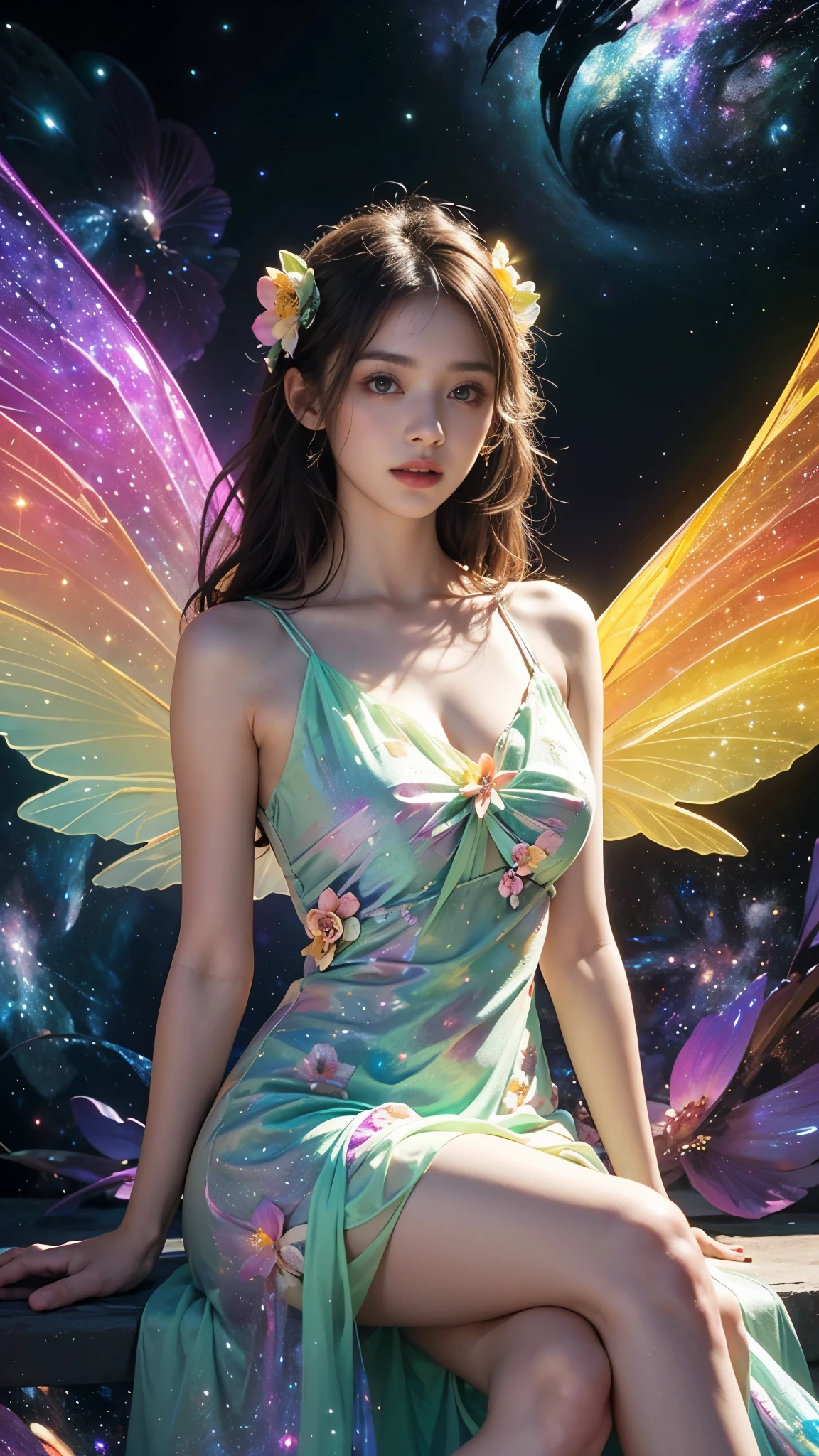 4k ultra high definition, masterpiece, A girl, good face, Delicate eyes, Delicate lips, Flower fairy girl, Big Wings, Transparent wings, Neon, (Galaxy Background:1.5), (Floral Dress:1.5), (green dress), in heaven, sitting,