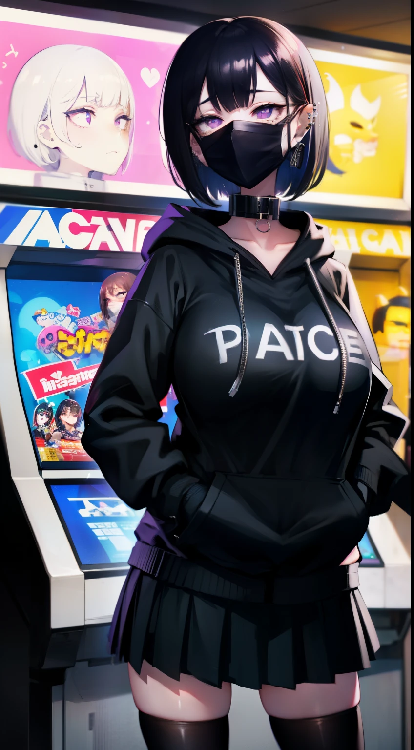 At the amusement arcade, game console, game machine, 
girl, short bob black hair, early teen, black Hoodie with pockets, plaid miniskirt, purple collar, black face mask, piercing, 
small breasts, slender, standing , naughty, 
zettai ryouiki, absurd resolution, absurd detailed, best quality, ((big breasts、black mask))