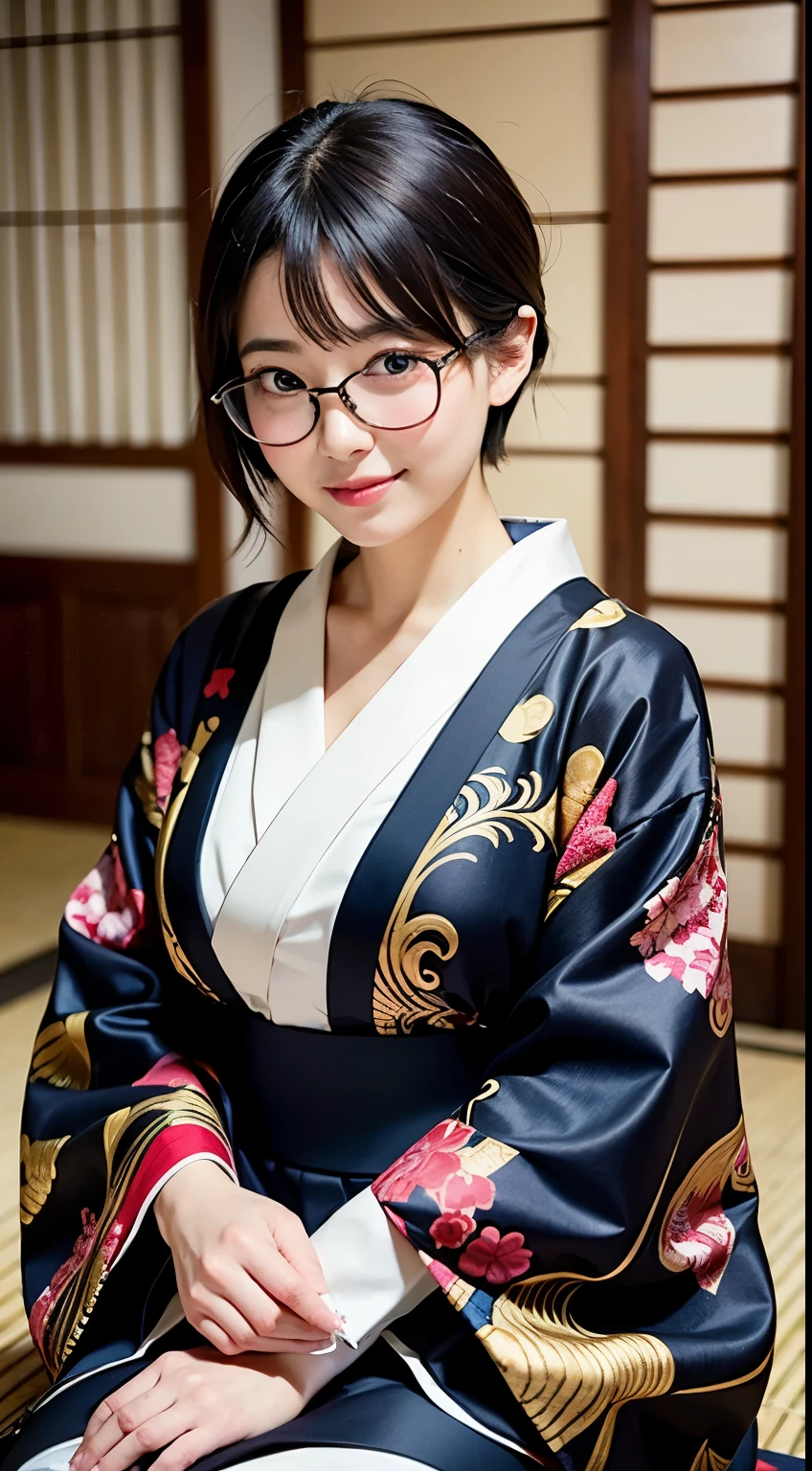 highest quality, masterpiece, ultra high resolution, (realistic:1.4), Raw photo, very detailed, perfect anatomy, 1 girl, , most popular japanese idols, Wearing a luxurious Japanese kimono and cute designed glasses, innocent smile, Sitting straight in a traditional Japanese room, Very cute baby face like Japan's most famous idol, Amazingly beautiful big black and round eyes, very beautiful realistic skin, very beautiful black hair short cut, very beautiful big breasts, Detailed luxurious Japanese kimono, Cute glasses with detailed design, detailed beautiful face, fine eyes, Detailed and realistic skin, fine black short cut hair, Traditional Japanese room with attention to detail