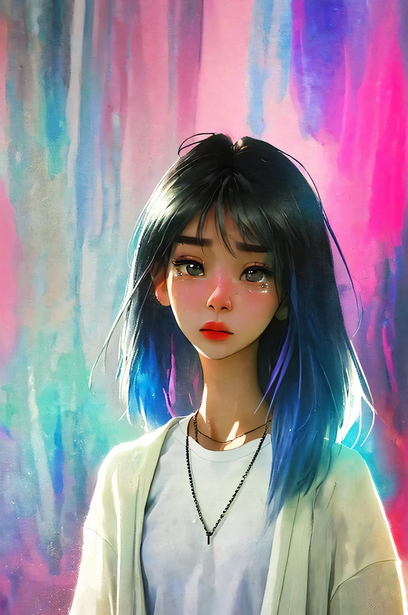 A woman crying wearing white t-shirts and a white cardigan with a necklace around her neck, I had tears in my eyes,beautiful south Korean woman, gorgeous young Korean woman, beautiful young Korean woman, Korean woman, Attractive neck, girl cute face, beautiful asian girl, beautiful girl model, lovely and delicate face, very beautiful girl, beautiful model girl, slim female model photo, Korean womanvivid colors, soft focus, light leak, dreamlike atmosphere, experimental charm, Nostalgic charm BREAK color field painting, various colors, abstract expressionism, Bold colors, emotional impact, atmospheric depth, MINIMALIST APPROACH BREAK, pretty girl, UHD (ultra detail) Looking at viewers wearing hip-hop style streetwear, different, colorful, long, heavily dyed hair 🌈, dark clothes, White stardust in dark areas, absurd, high resolution, very detailed, (1 woman : 1.3), vivid colors, soft focus, light leak, dreamlike atmosphere,