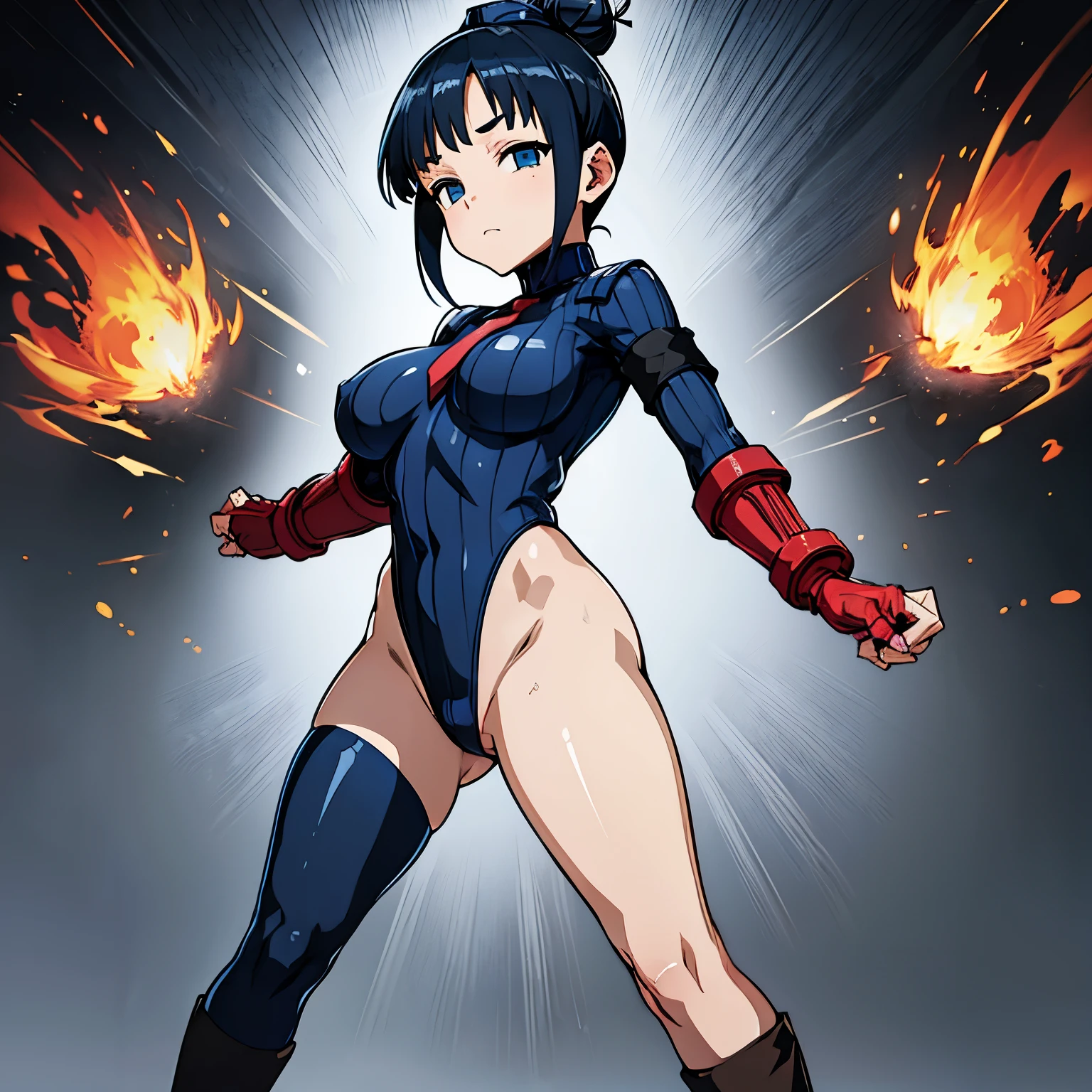 ultra-detailed, Explicit, Beautiful body, Beautiful Nose, Beautiful character design, perfect eyes, perfect face, ultra highres, 4K, beautiful legs, perfect legs, Nice hands, Perfect hand, Masterpiece, Best Quality, Highly detailed, illustration, absurdres, perfect anatomy, street fighter, doll suit, shadaloo doll, dollsuit, expressionless, blank eyes, looking at viewer, red gloves, emotionless, black latex, corruption, mind control, female combatant, full body, hypnotized, unhappy trance, full body suit, ribbed bodysuit, both arms at side, obey, perfect female body, extremely glossy latex, hypnosis, hypnoLora, empty eyes, Mind control device, poses, submissive_pose, Slave, standing straight, standing, standing at attention, hat, necktie, belt, latex, ribbed bodysuit, thigh Highs, garter belt, Fighting Stance, extending the right arm from the shoulder into the air with a straightened hand, military, thigh boots, black pantyhose, (((pixel-perfect, detail-perfect))), solo, 1girl, hair ornaments, short hair, blue hair, blue eyes, flat breast, Kunoichi Mokuren, hair bun, hair stick