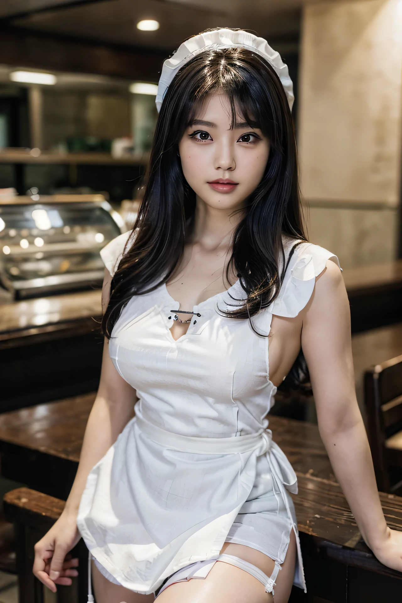 1girl, solo, gravure idol, (black hair:1.2), closed mouth, (smiling:0.8), (sexy pose:1.2), (beautiful detailed eyes, shiny eyes, long eyelashes, double eyelid), (natural hand), (natural eyes and mouth), (finely detailed beautiful eyes:1.2),
gravure, maid headdress, maid apron, white thighhighs, hair ornament, hairclip, white apron, ((black) maid dress, ((white) skirt), garter straps, hair ribbon, short sleeves, alternate costume,
looking at viewer, (cowboy shot:1.4), (front view),
BRAKE, (open cafeteria:1.4),
photo, photo realistic, (photorealistic:1.4), best quality, high quality, 4K, RAW, masterpiece, beautiful face,
