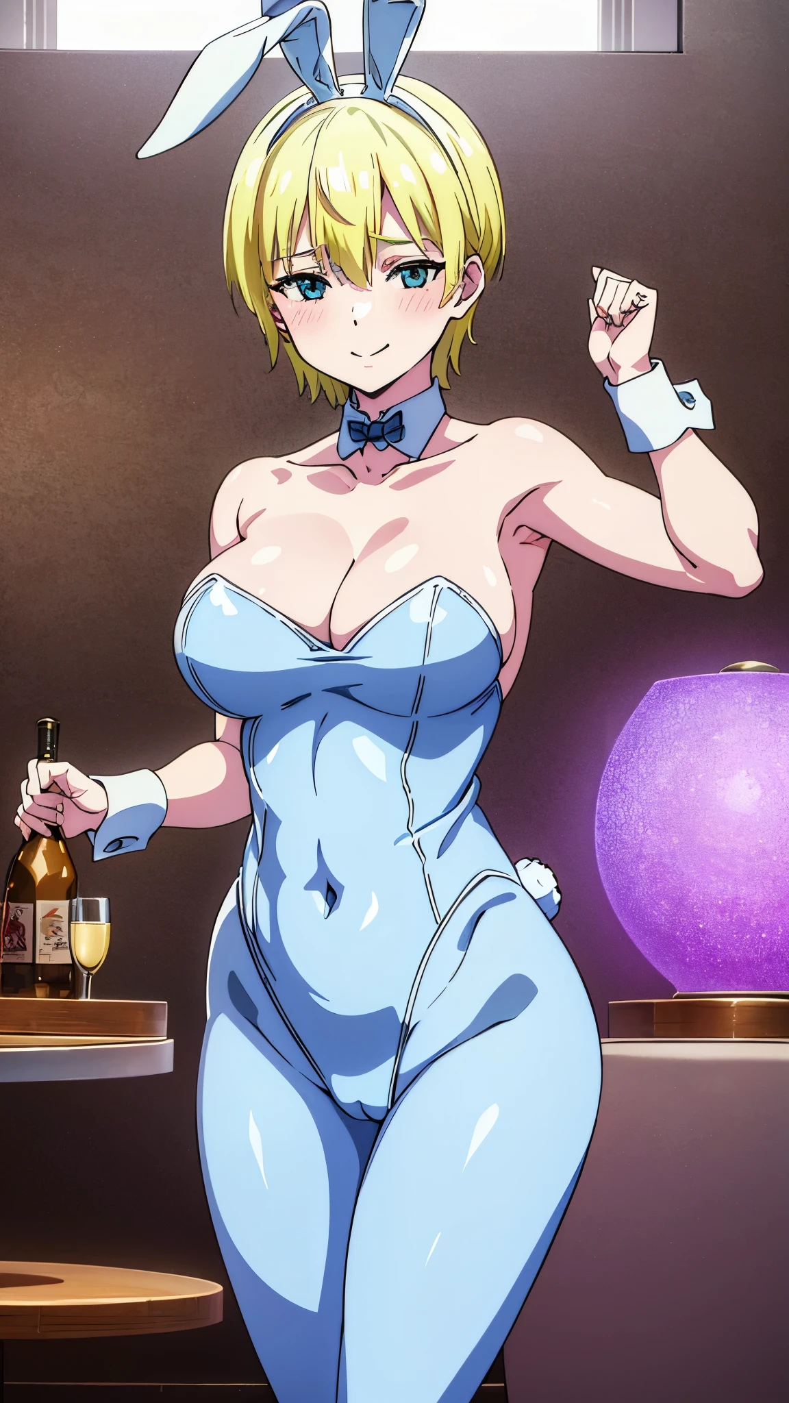 masterpiece, highres, solo, 8k, detailed, perfect face, best quality, (ultra high quality), looking viewers, armpit, hands up, collarbone, bare arm, big breast, cleavage, sideboob, yellow hair, light hair, short hair, blue eyes, belly, stomach, navel, abs, (bunny suit), slim body, smile, blush, thigh