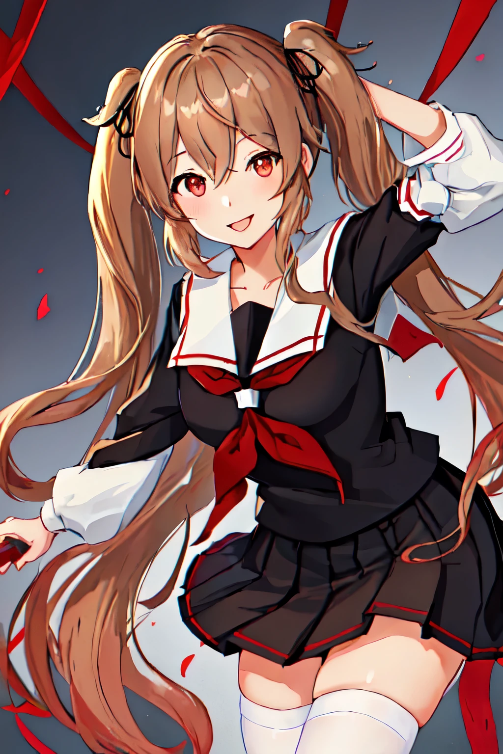 highest quality, masterpiece, High resolution, 一人in, {murasame_Fleet Collection:1.15}, length_hair, light_Brown_hair, Brown_eye, red_eye, ribbon, smile, serafuku, hair_ribbon, black_serafuku, chest, twin tails, two_~ side_superior, hair_flap, hair_ornament, 1 girl, School_uniform, looking for_in_viewer, neckerchief, Open_mouth, red_neckerchief