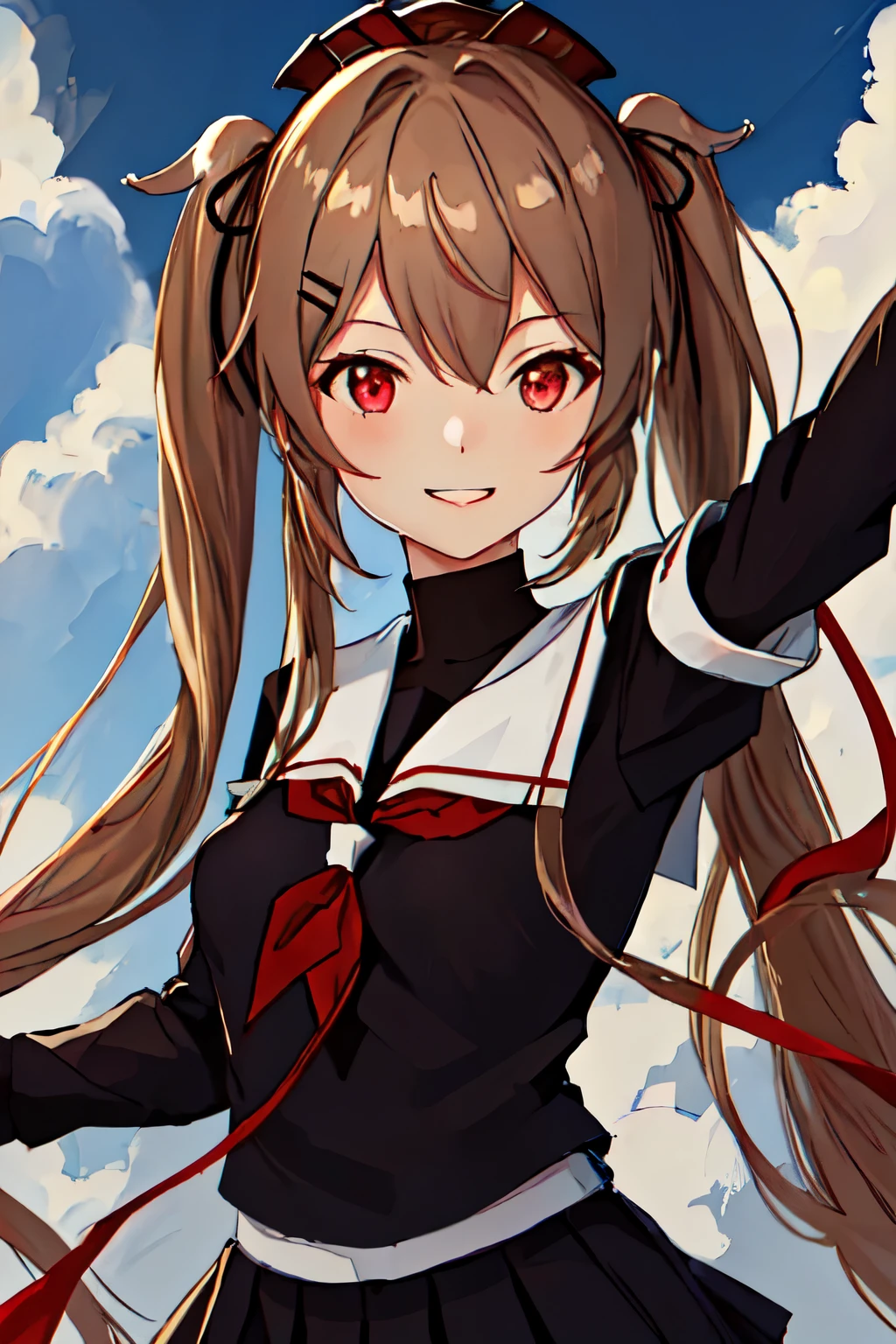 highest quality, masterpiece, High resolution, 一人in, {murasame_Fleet Collection:1.15}, length_hair, light_Brown_hair, Brown_eye, red_eye, ribbon, smile, serafuku, hair_ribbon, black_serafuku, chest, twin tails, two_~ side_superior, hair_flap, hair_ornament, 1 girl, School_uniform, looking for_in_viewer, neckerchief, Open_mouth, red_neckerchief