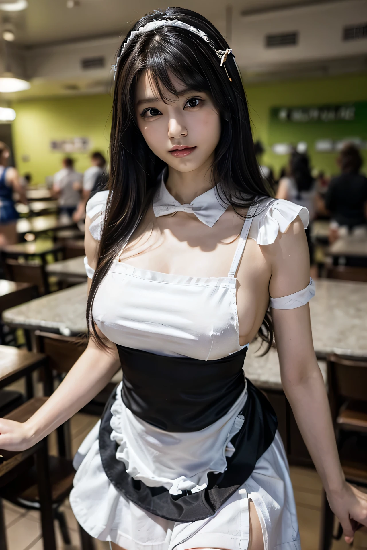 1girl, solo, gravure idol, (black hair:1.2), closed mouth, (smiling:0.8), (sexy pose:1.2), (beautiful detailed eyes, shiny eyes, long eyelashes, double eyelid), (natural hand), (natural eyes and mouth), (finely detailed beautiful eyes:1.2),
gravure, maid headdress, maid apron, white thighhighs, hair ornament, hairclip, white apron, ((black) maid dress, ((white) skirt), garter straps, hair ribbon, short sleeves, alternate costume,
looking at viewer, (cowboy shot:1.4), (front view),
BRAKE, (open cafeteria:1.4),
photo, photo realistic, (photorealistic:1.4), best quality, high quality, 4K, RAW, masterpiece, beautiful face,