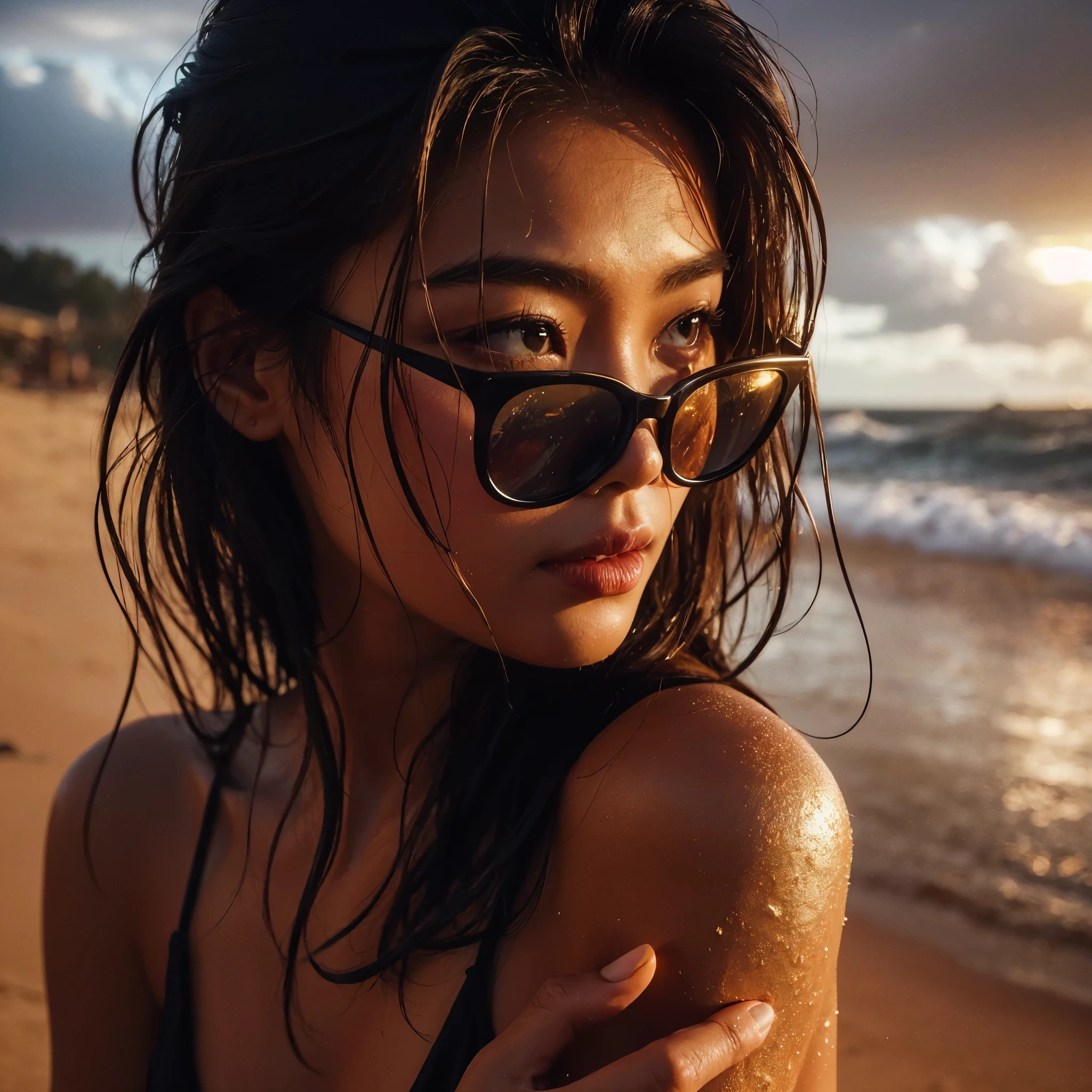 8k Uhd, Dslr,Film Grain, Fujifilm XT3,(Best Quality:1.3), (Masterpiece:1.1), High Resolution, Cinematic Light, Intricate Details, (Photorealistic) ((DRAMATIC LIGHT VIEW FROM exotic BALI Beach)), stylish pose of a pretty MALAY surfers Girl, looking at the sea horizon, (ON SUNSET GOLD BEACH:1.5) tanning dark brown skin, wet body & face, wet dread lock hair, wear surf wear & BALINESE CLOTH