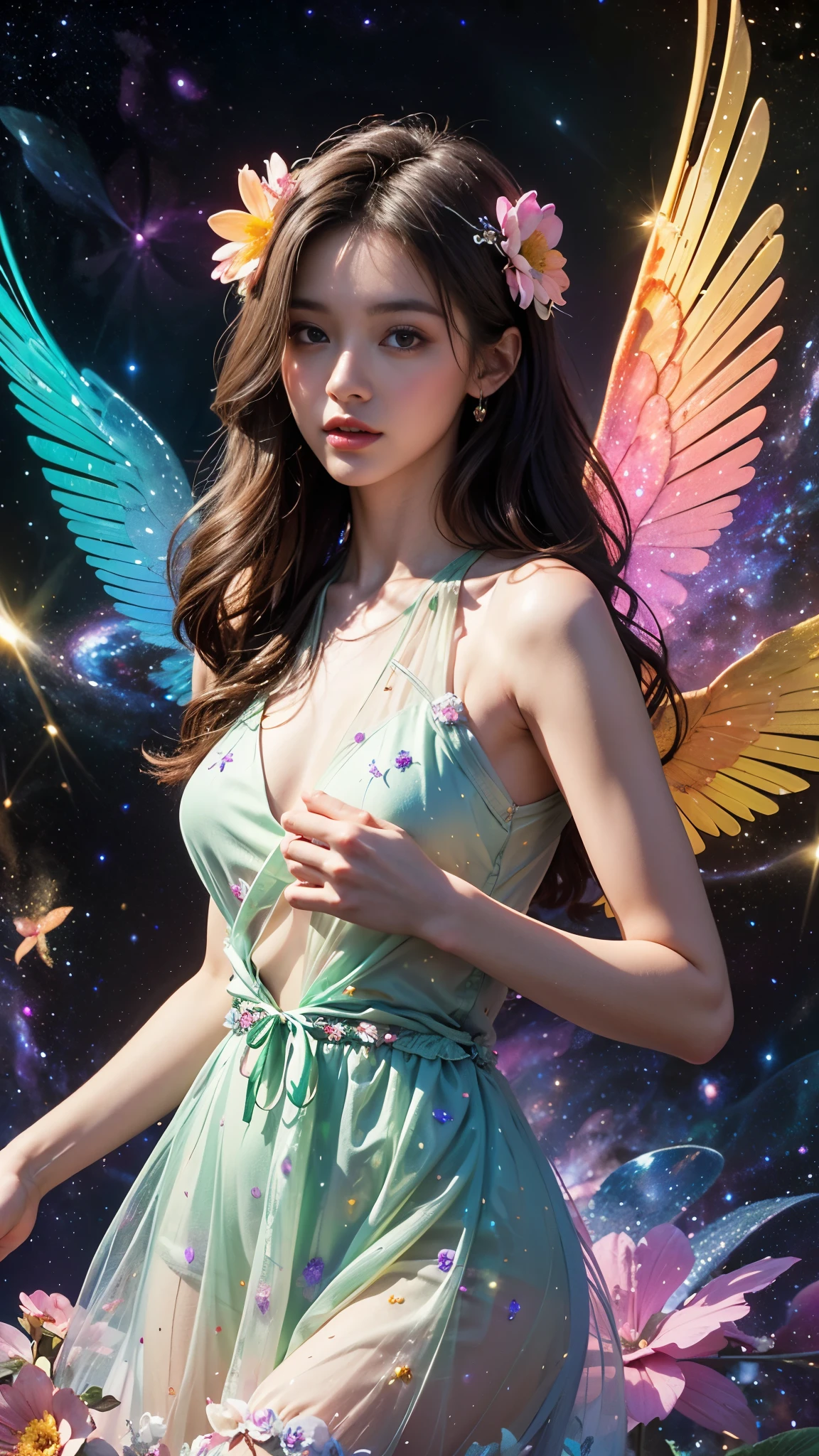 4k ultra hd, masterpiece, a girl, good face, detailed eyes, detailed lips, flower fairy girl, big wings, transparent wings, neon lights, (galaxy background:1.5), (flower dress:1.5), (green dress), in the heaven, selfie pose,