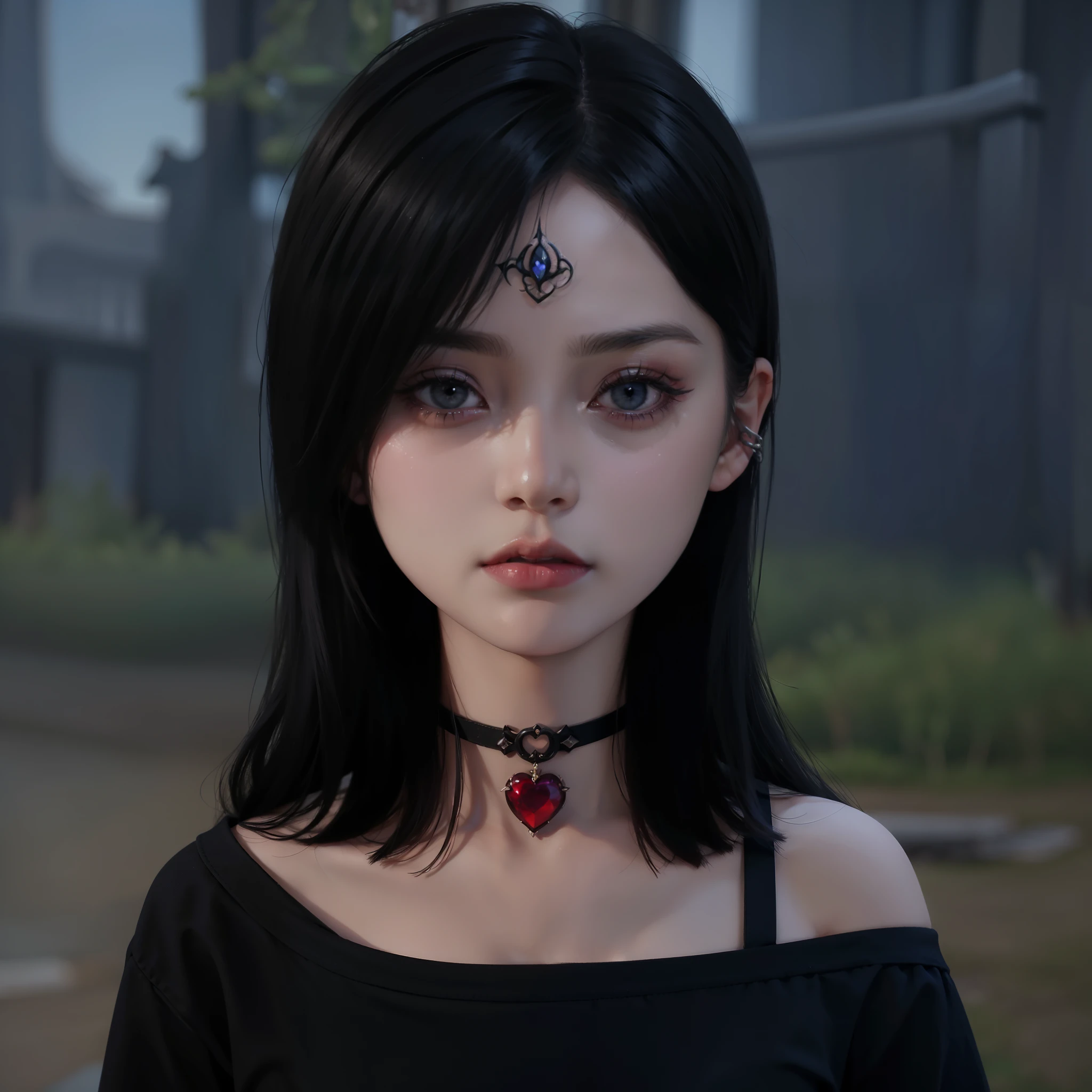 il y a une femme avec un coeur sur la poitrine et un haut noir, cruel korean fille gothique, very detailed character, 1 7 - year - old anime fille gothique, visage gothique, personnage en gros plan, Neo-gothic, 1 7 - year - old fille gothique, fille gothique, vampire androgyne, personnage en gros plan, style anime 3D réaliste, visage de fille gothique
