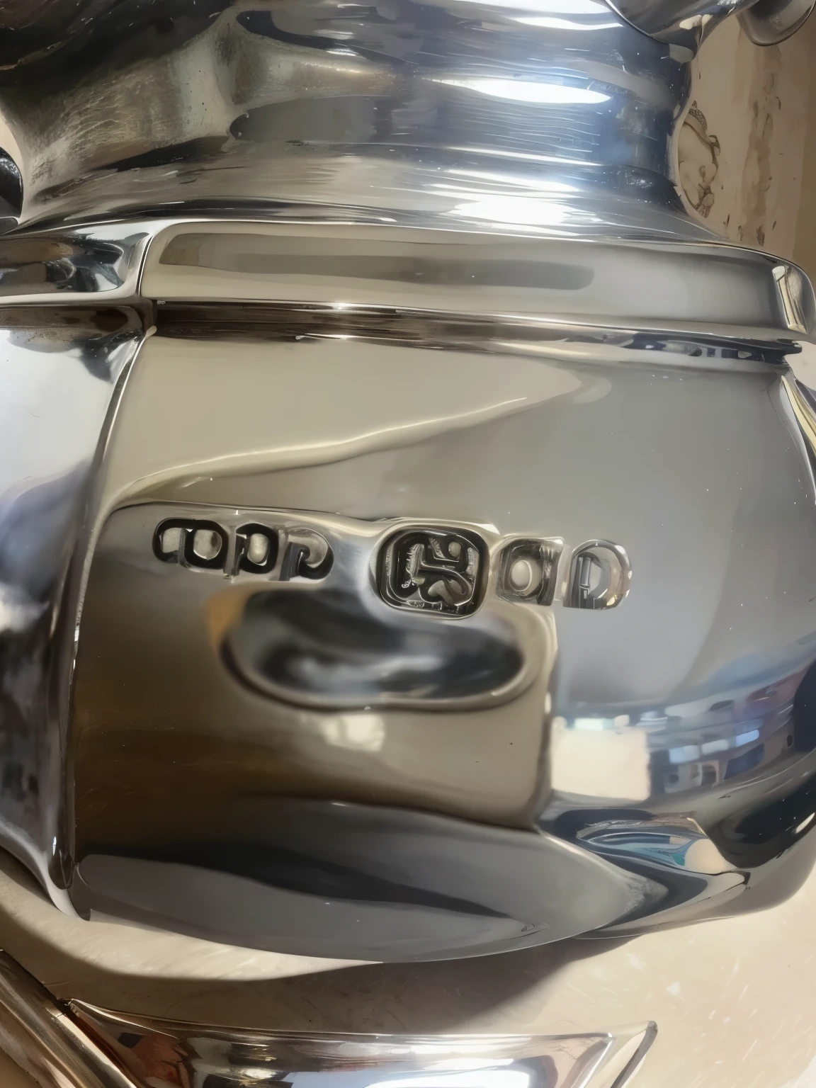 There is a silver teapot,It has a black and white logo on it, Detailed zoom photos, Detailed photos, meticulous details, Close-up view, Close-up view, Silver plate, Flat chrome relief, Liquid Polished Metal, Silver two-tone details, Highly detailed engraving, metallic polished surfaces, silver details, Aging armor plates