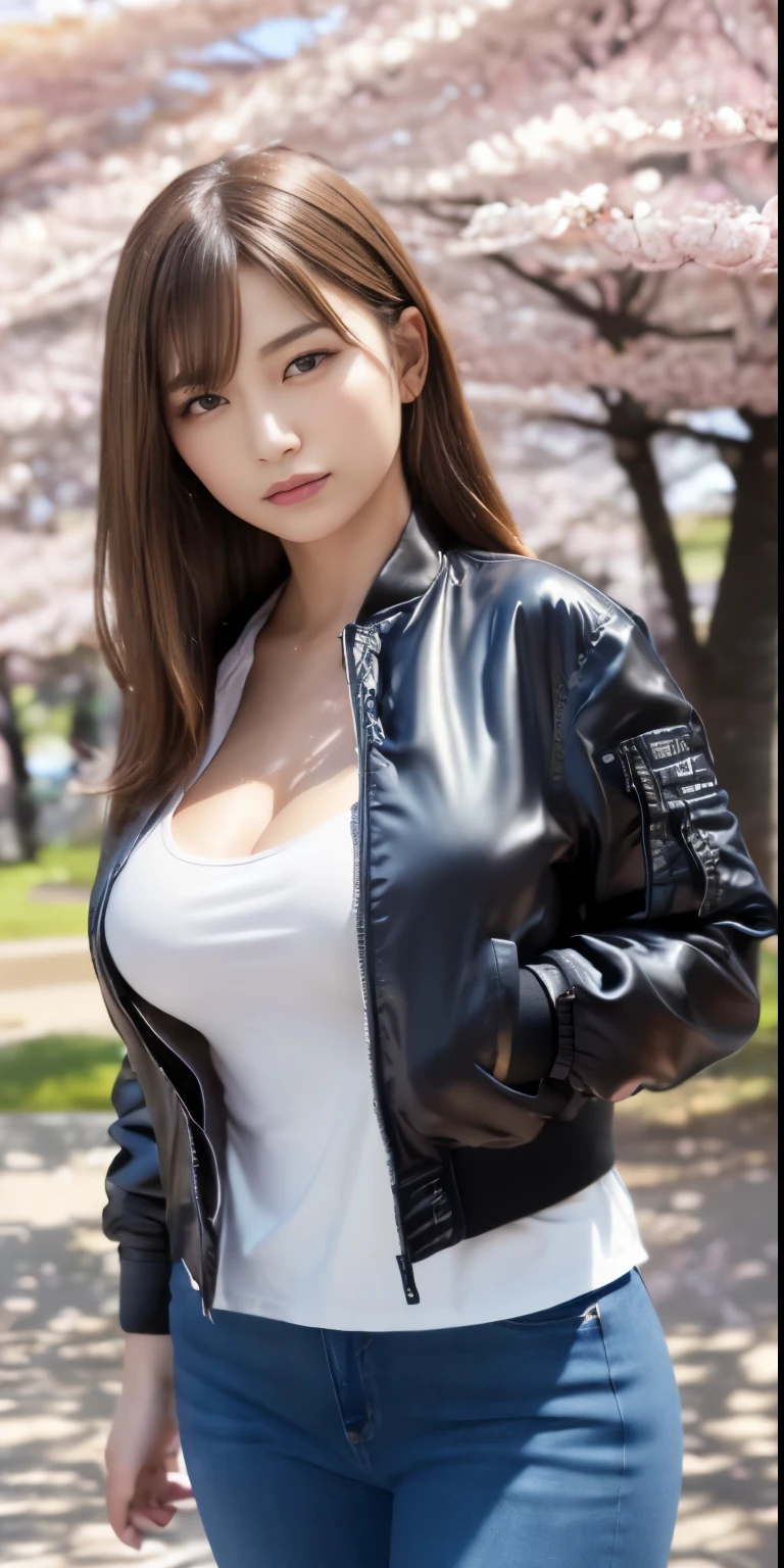 最高masterpiece、highest quality、shape、Super detailed、High resolution、8Kのwallpaper、完璧なダイナミックな構shape、beautiful and detailed eyes、natural color lip, ランダムでsexy pose,very kind smile、 girl、cute、expensive、(highest quality:1.3)、(masterpiece:1.3)、(The Super detailed:1.3)、(wallpaper, one girl:1.1)、(delicate hands and fingers:1.2)、(Detailed super oily shiny skin:1.1)、Beautiful and glossy thighs、(white shirt、jeans、black bomber jacket:1.7)、(big breasts that hang down and firm:1.4)、slender body shape、brown hair head、(stable expression:1.5)、((Semi-long random hairstyle:1.3))、beautiful sister、(Model standing pose from the front:1.4)、sexy pose、(((Background of cherry blossoms in full bloom in the park:1.6)))、((Beautiful big breasts with firmness:1.5))、(beautiful double eyelids:1.3)、look at the camera、Pelvic expanse、perfect lighting、