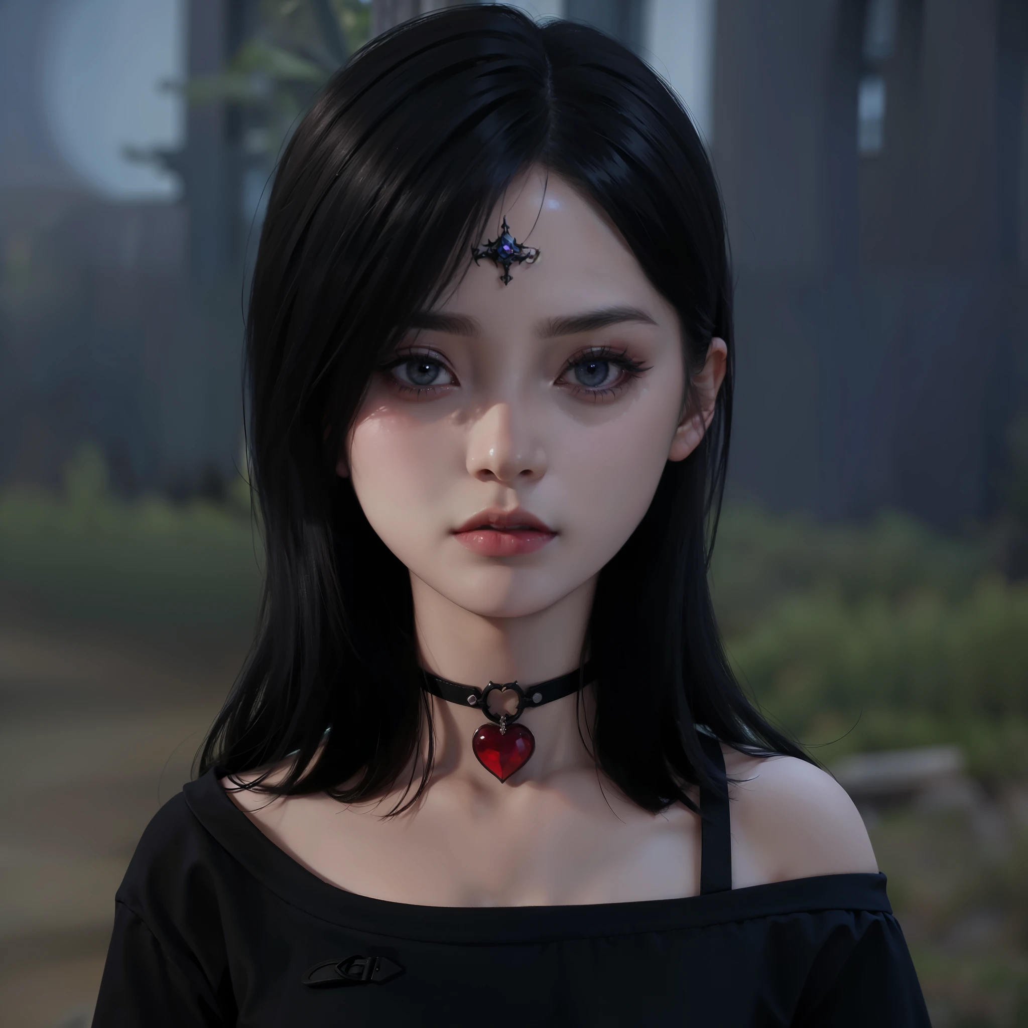 il y a une femme avec un coeur sur la poitrine et un haut noir, cruel korean fille gothique, very detailed character, 1 7 - year - old anime fille gothique, visage gothique, personnage en gros plan, Neo-gothic, 1 7 - year - old fille gothique, fille gothique, vampire androgyne, personnage en gros plan, style anime 3D réaliste, visage de fille gothique
