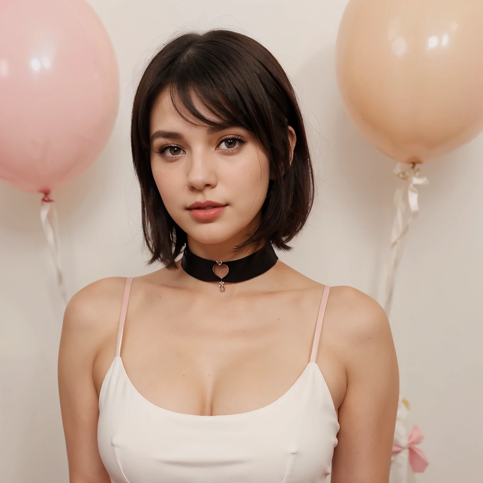 a white woman with short black hair, brown eyes, a beautiful face with slightly pink cheeks and a sweet look, with red lips, wearing a choker dress, e-girl