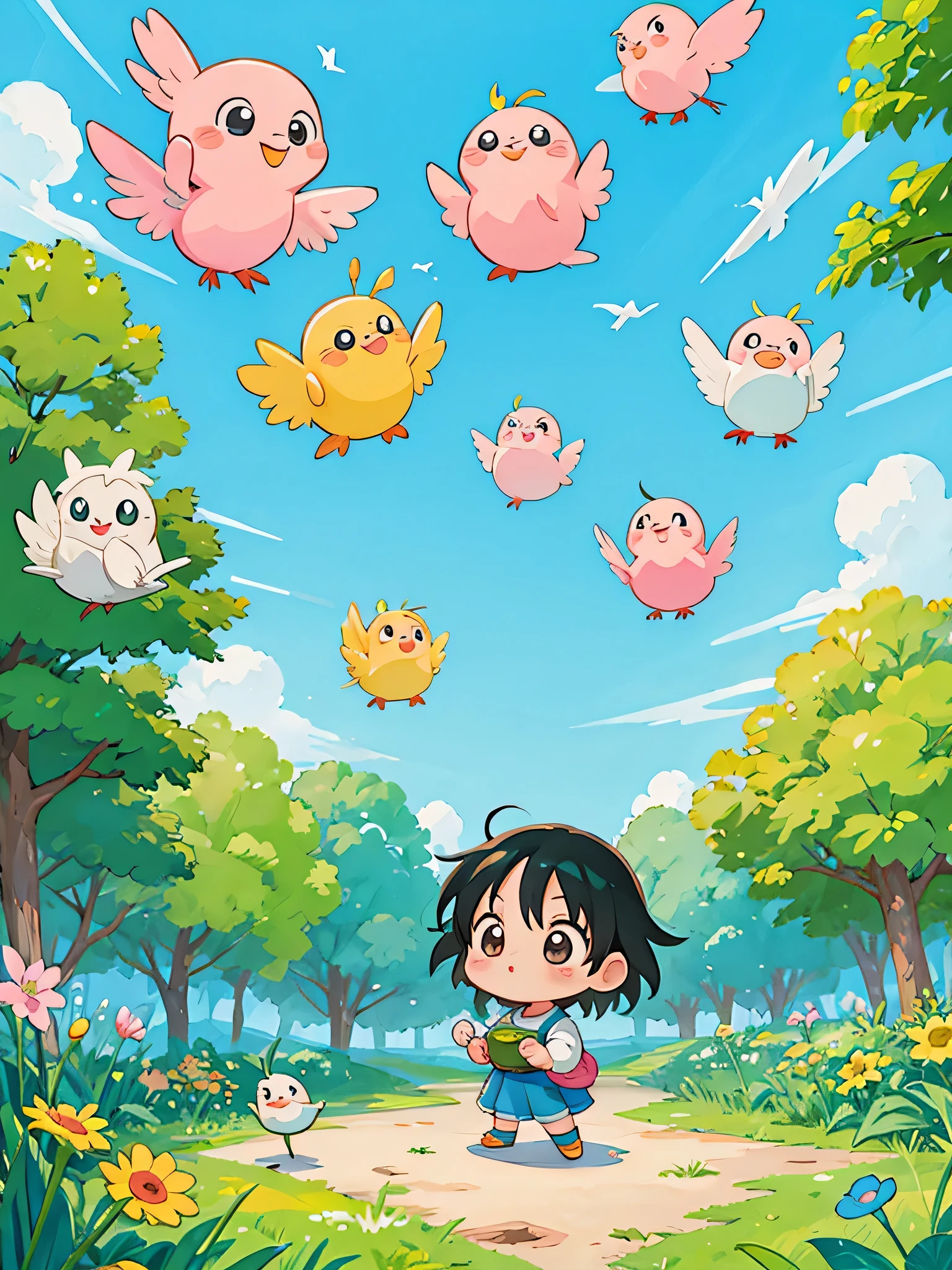 akira toriyama style, Kawaii Design, Chibi, beautiful spring afternoon、birdie