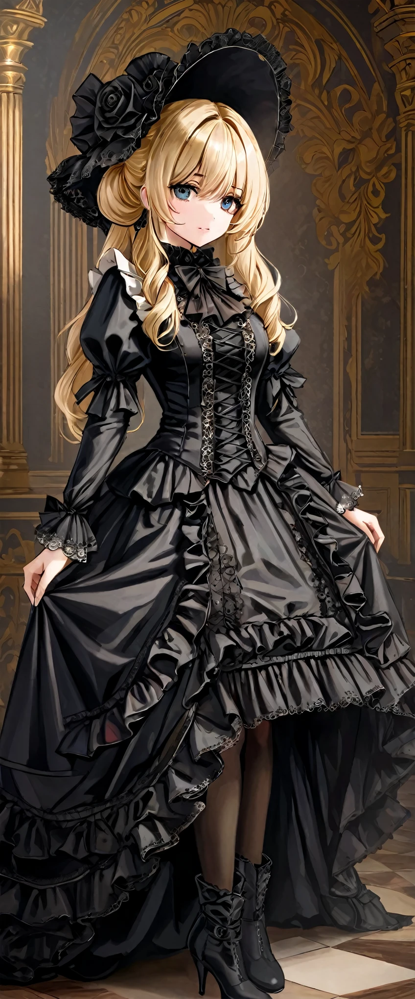 woman wearing dress and boots , baroque dress, wearing a detailed steampunk dress, elegant gothic princess, victorian gothic ****ta fashion, historical baroque dress dark, black gothic ****ta dress, fantasy style clothing, rococo dress, black rococo,  fantasy costume, wearing a gothic dress, romantic dress, gothic dress,blonde,,(((upper body portrait)))