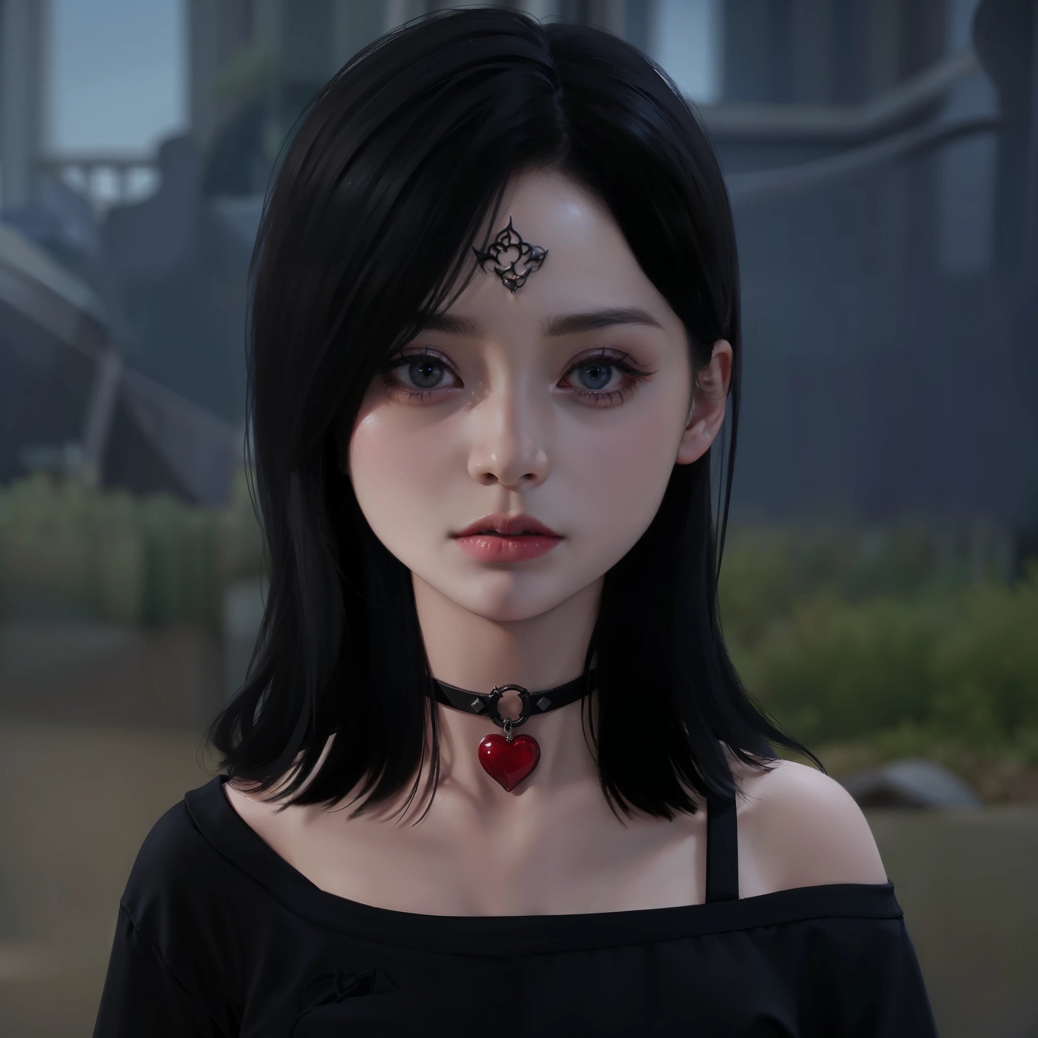 il y a une femme avec un coeur sur la poitrine et un haut noir, cruel korean fille gothique, very detailed character, 1 7 - year - old anime fille gothique, visage gothique, personnage en gros plan, Neo-gothic, 1 7 - year - old fille gothique, fille gothique, vampire androgyne, personnage en gros plan, style anime 3D réaliste, visage de fille gothique