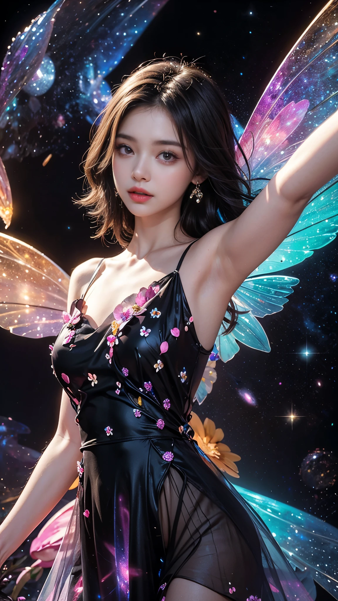 4k ultra hd, masterpiece, a girl, good face, detailed eyes, detailed lips, flower fairy girl, big wings, transparent wings, neon lights, (galaxy background:1.5), (flower dress:1.5), (black dress), in the heaven, selfie pose,