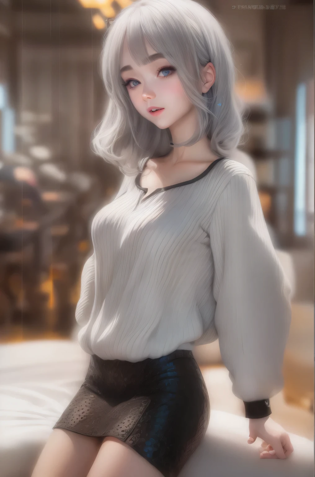 1 girl! Ray tracing, best shade, High resolution (dim lights) Detailed background (Living room) fluffy silver hair, plump and slim girl, wearing white shirt, Black pleated skirt, Paired with black transparent pantyhose, Show off your exquisite figure and graceful curves, Super detailed CG