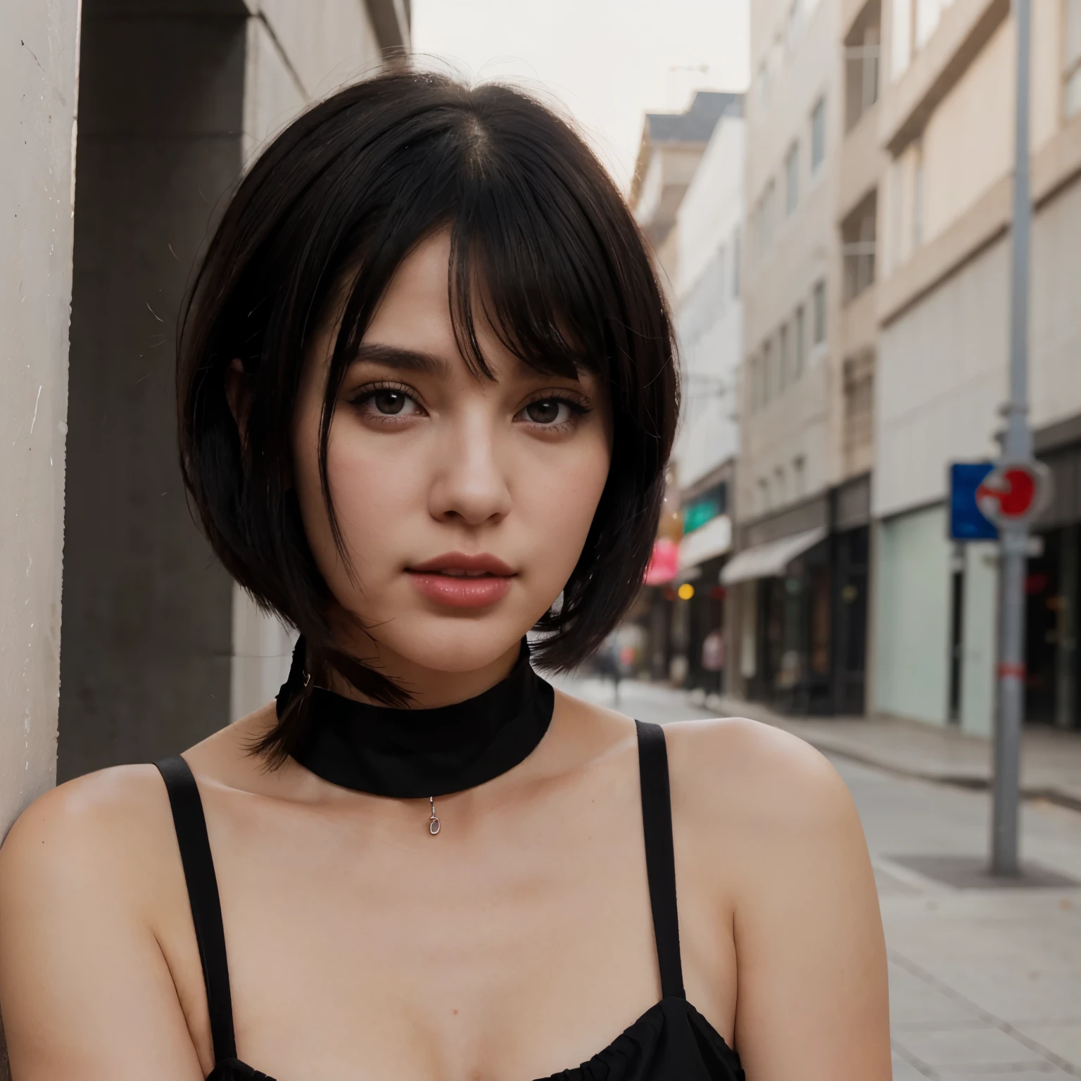 a white woman with short black hair, brown eyes, a beautiful face with slightly pink cheeks and a sweet look, with red lips, wearing a black choker dress, e-girl